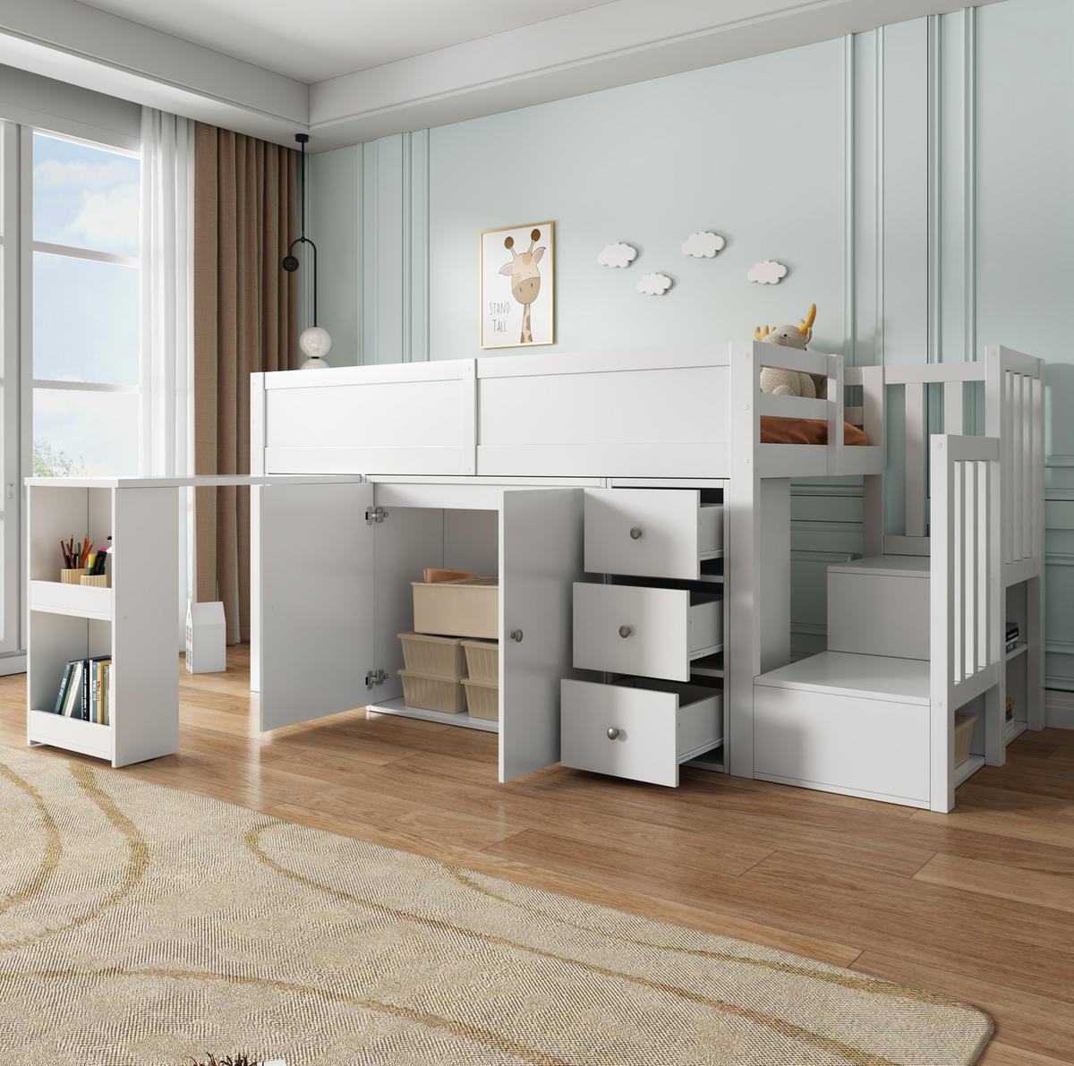 KINDERHOCHBETT 90/200 cm aus MDF mit ausziehbarem Schreibtisch und viel Stauraum Weiß - Weiß, Holzwerkstoff (90/200cm) - Modenvie