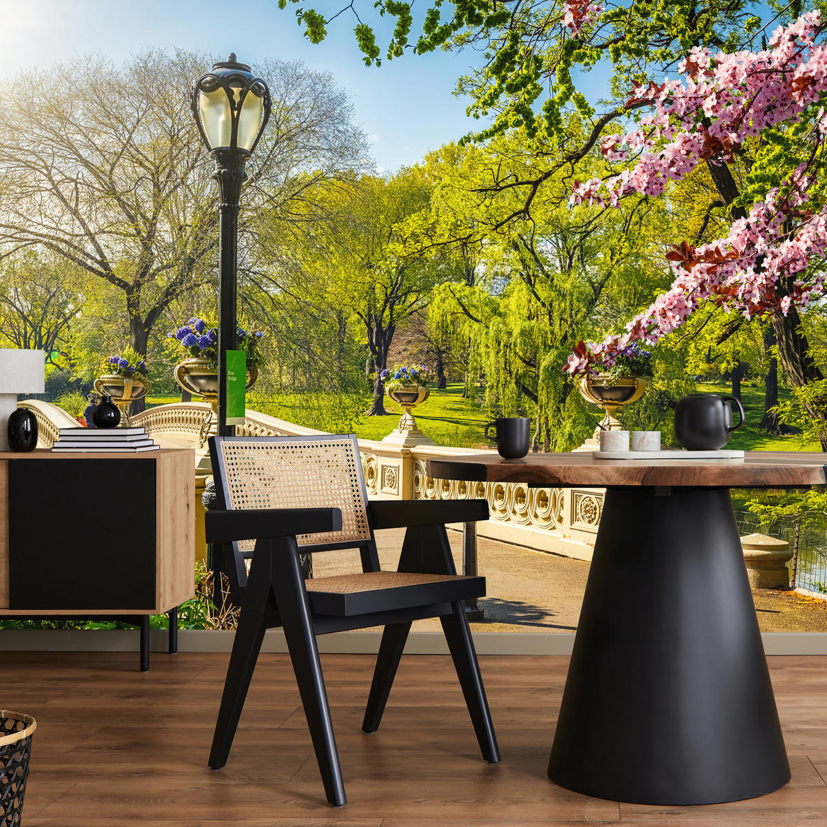 FOTOTAPETE für Wohnzimmer Historische Brücke Park Bäume Blumen 500x350 - Gelb/Beige, Papier (500/350cm) - Muralo