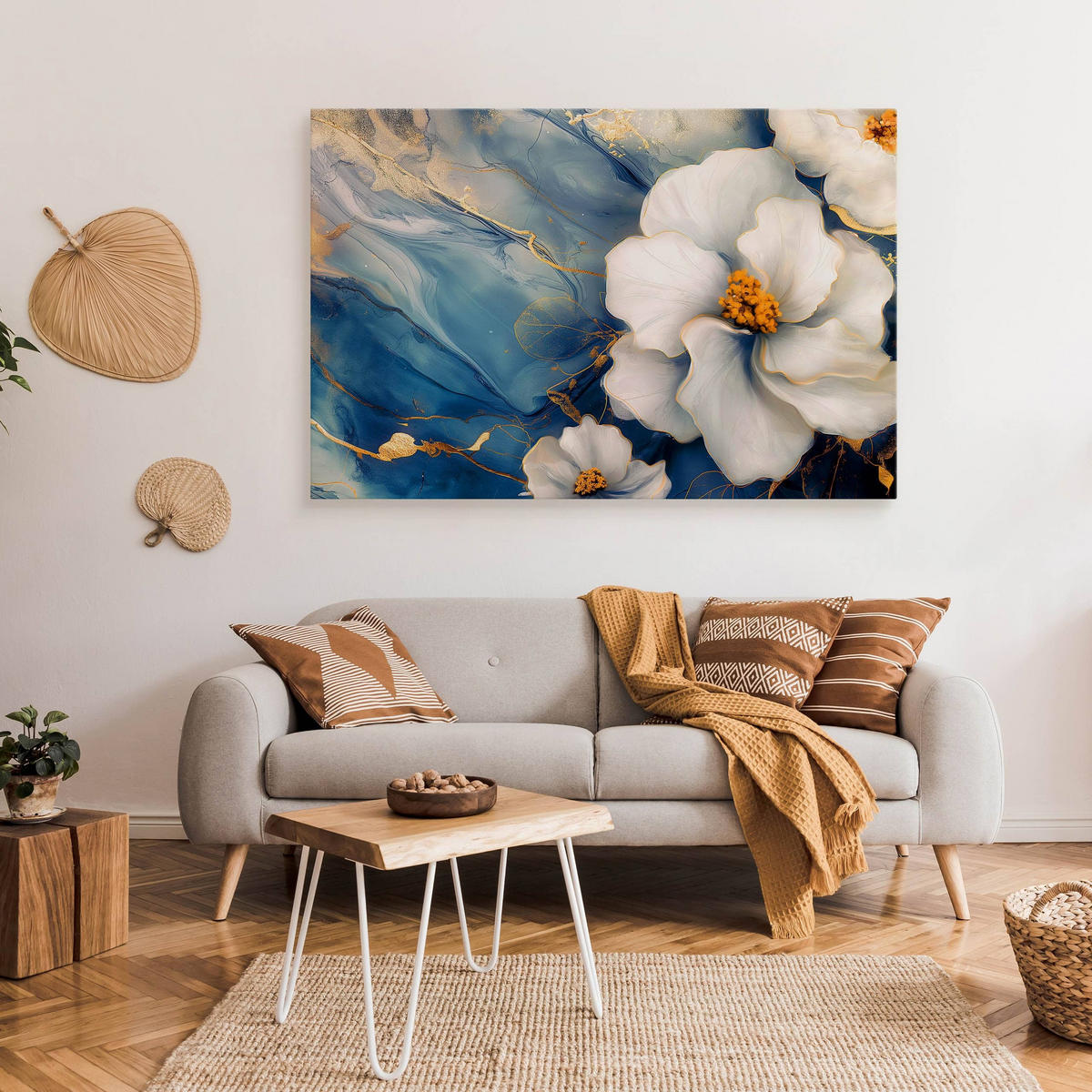 LEINWANDBILD Blumen Marmor Abstraktion Glamour 100cm x 70cm - Blau/Beige, Textil (100/70cm) - Muralo