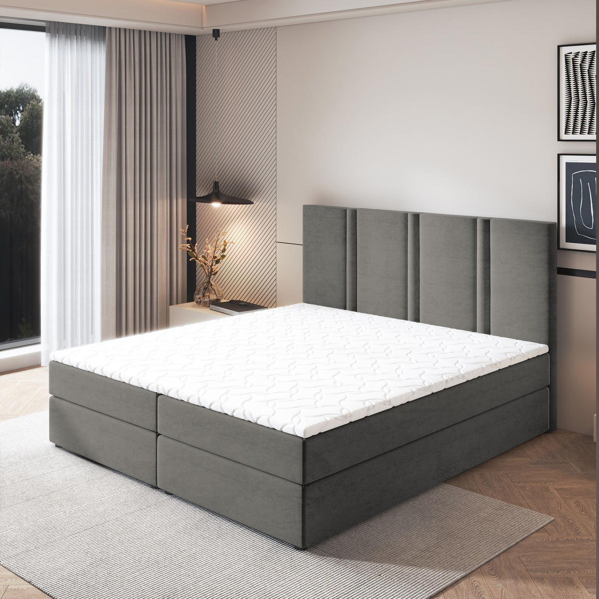 BOXBETT LARIO 140x200 cm mit Matratze und Topper - Grau - Grau, Holz (140/200cm) - MASSENO