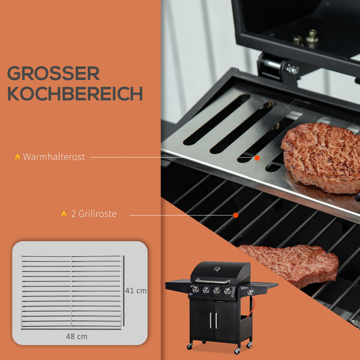 GASGRILL BBQ mit 3 Brennern je 3 kw mobiler Grillwagen mit 4 Rädern Metall Schwarz 132,4cm x 55cm x 109cm - Schwarz, Metall (55/109/132.4cm) - Outsunny