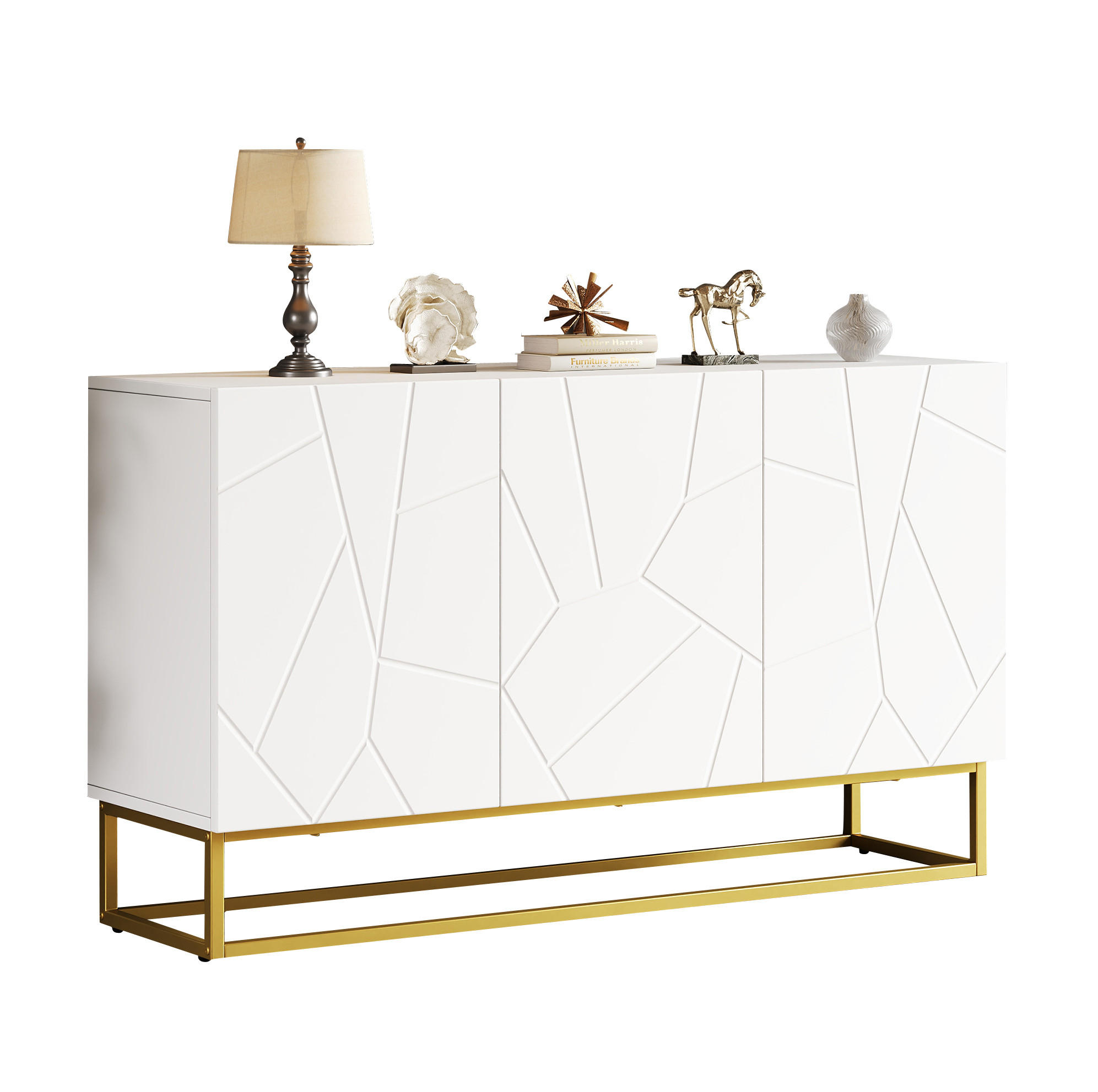 ANRICHTE Sideboard 130/38/76 cm aus Spanplatte mit Hochglanzfront und geriffeltem Design Weiß/Gold - Weiß, Holzwerkstoff (130/76/35cm) - Modenvie