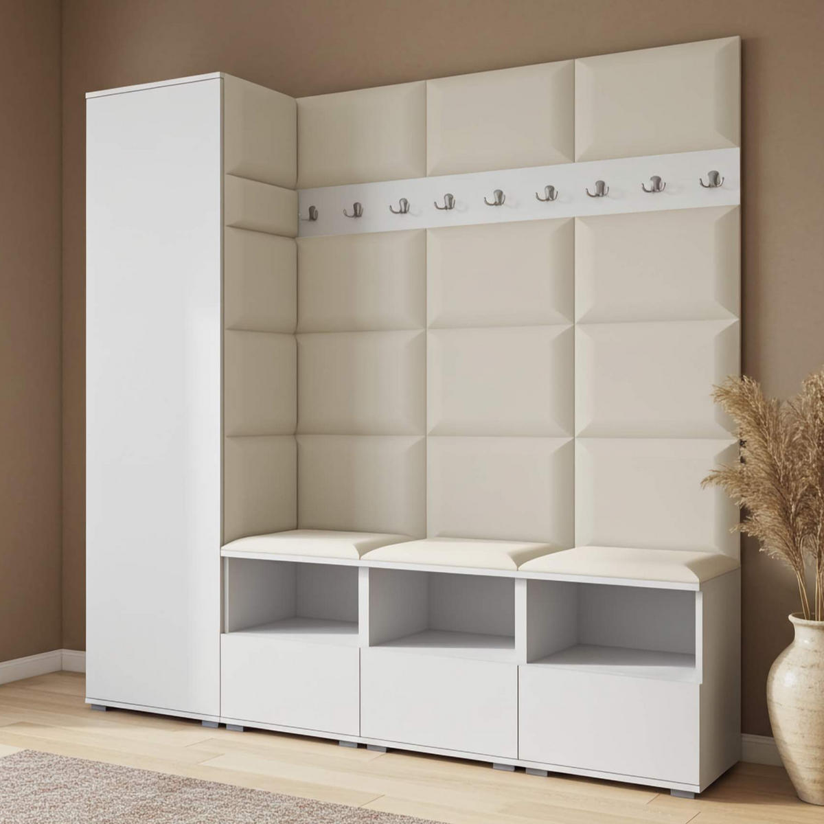 GARDEROBE NELA IX 200 cm (Modulare Flurmöbel Weiß mit Sitzpolster Creme 01 Breite Sitzbank) - Silberfarben/Creme, Holz/Holzwerkstoff (200/187/40cm) - Ravio