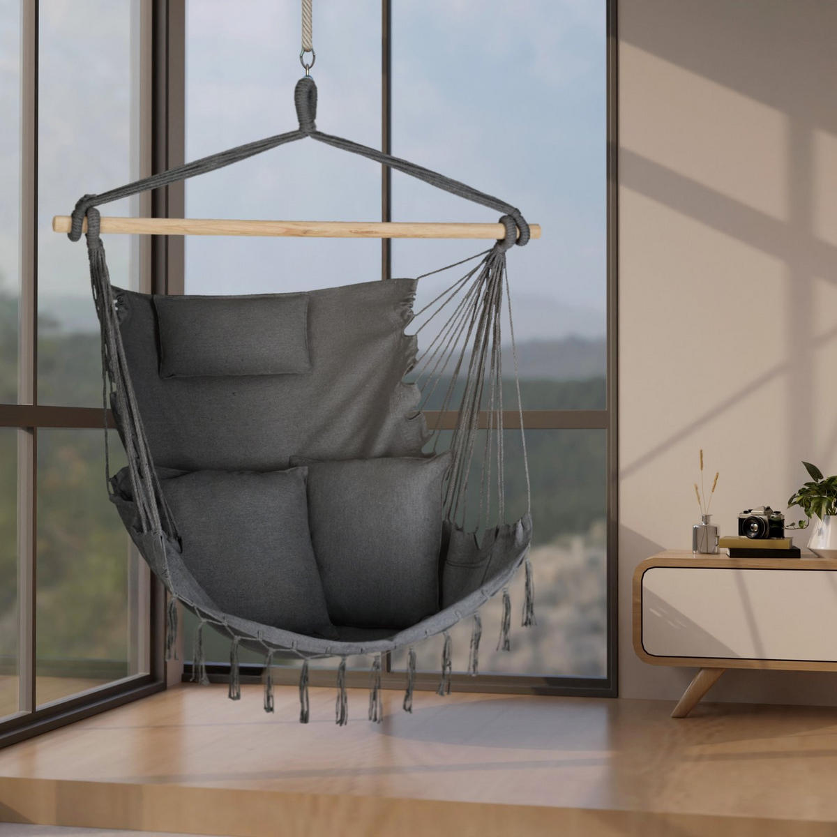 HÄNGESESSEL mit 3 Kissen 75/100/130 cm, bis 140 kg - Schwarz, Textil (100/130/75cm) - Outtec