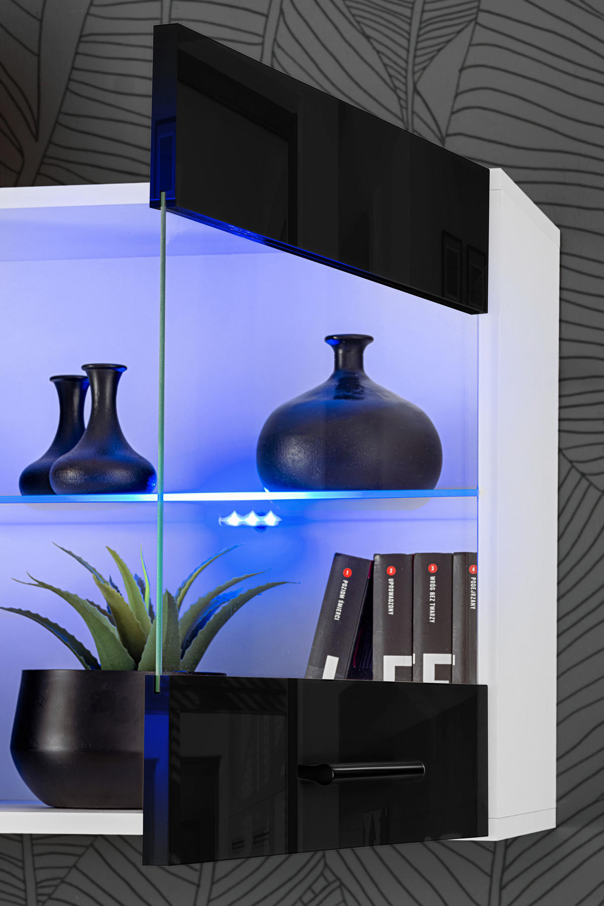 WOHNZIMMERSET Foggia, 6er-Set, Weiß, Front Hochglanz Schwarz, LED Mehrfarbige - Schwarz/Weiß, Glas/Holzwerkstoff (230/190/45cm) - Komodee