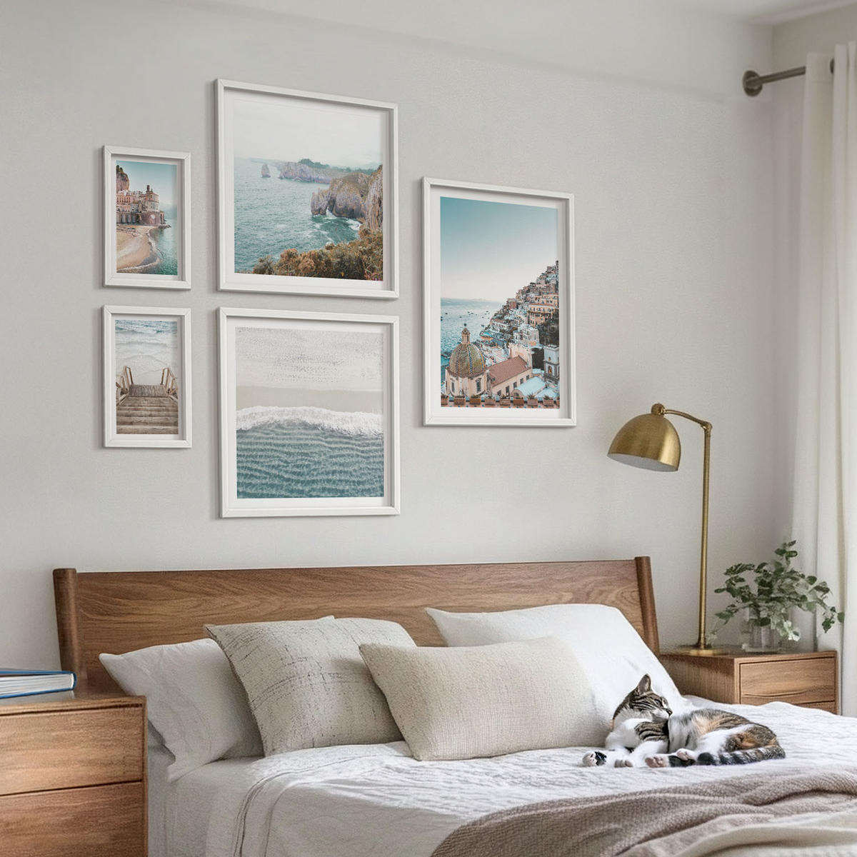 WANDBILDER 5er-Set - 50x50 cm & 20x30 cm & 40x60 cm Weißer Rahmen - Wasserfälle, Berge, Brücken, Bäume - Weiß, Kunststoff (40/60cm) - ArtPrintCave