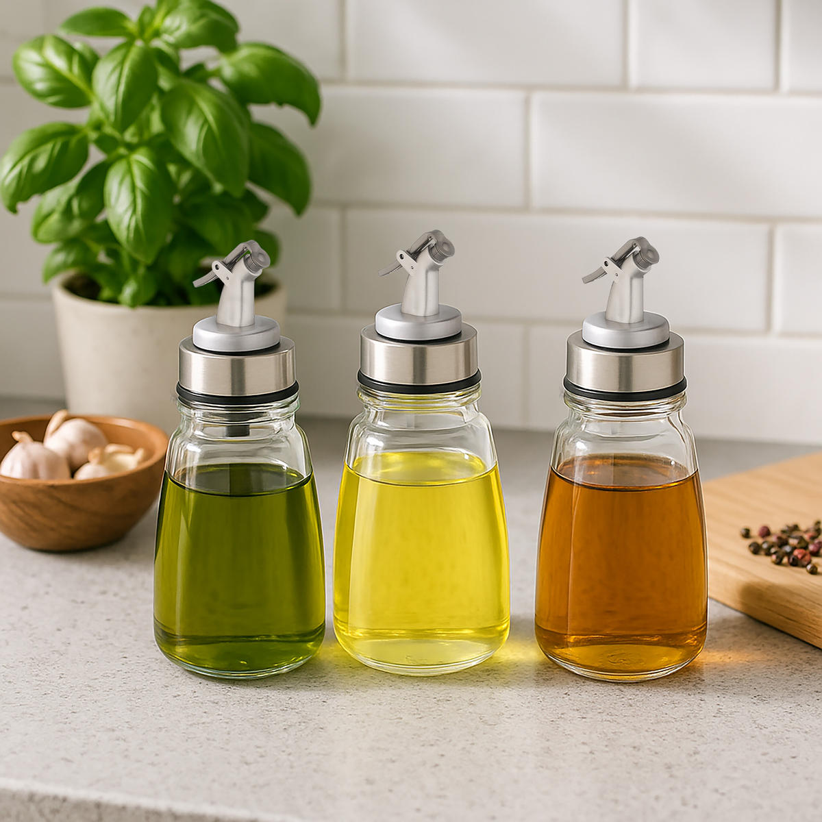 3XÖLFLASCHE - Multicolor, Glas/Kunststoff (7/14/7cm) - Relaxdays