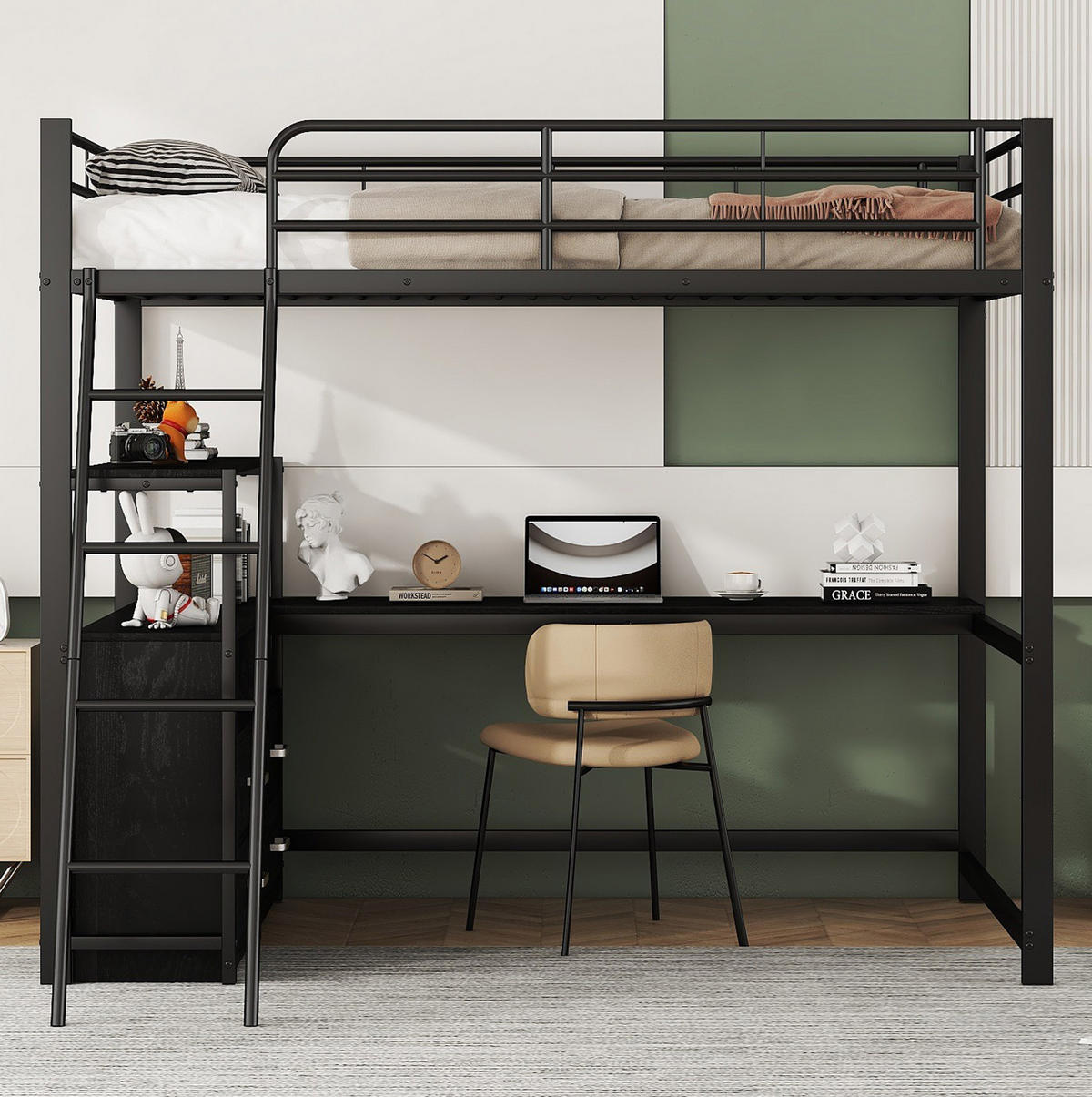 HOCHBETT 140/200 cm Schwarz aus Metall und MDF mit L-förmigem Schreibtisch - Schwarz, Metall (140/200cm) - OKMYHOME