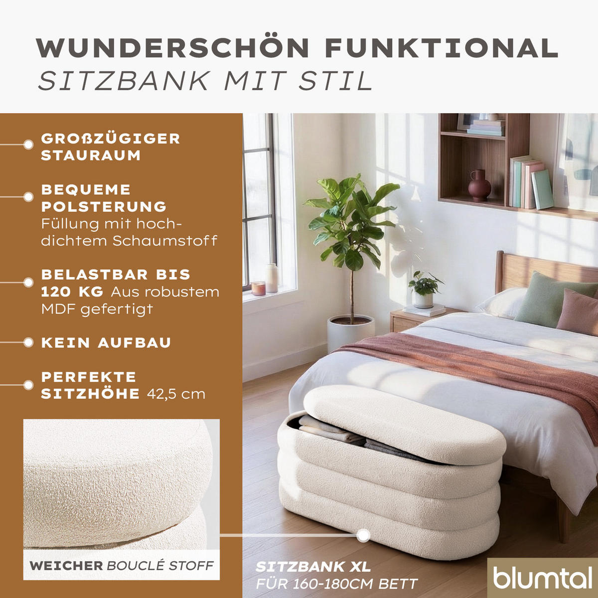 XL Sitzbank mit Stauraum Oval – Bouclé Truhenbank Creme - Beige, Textil (45/42.5/110cm) - Blumtal