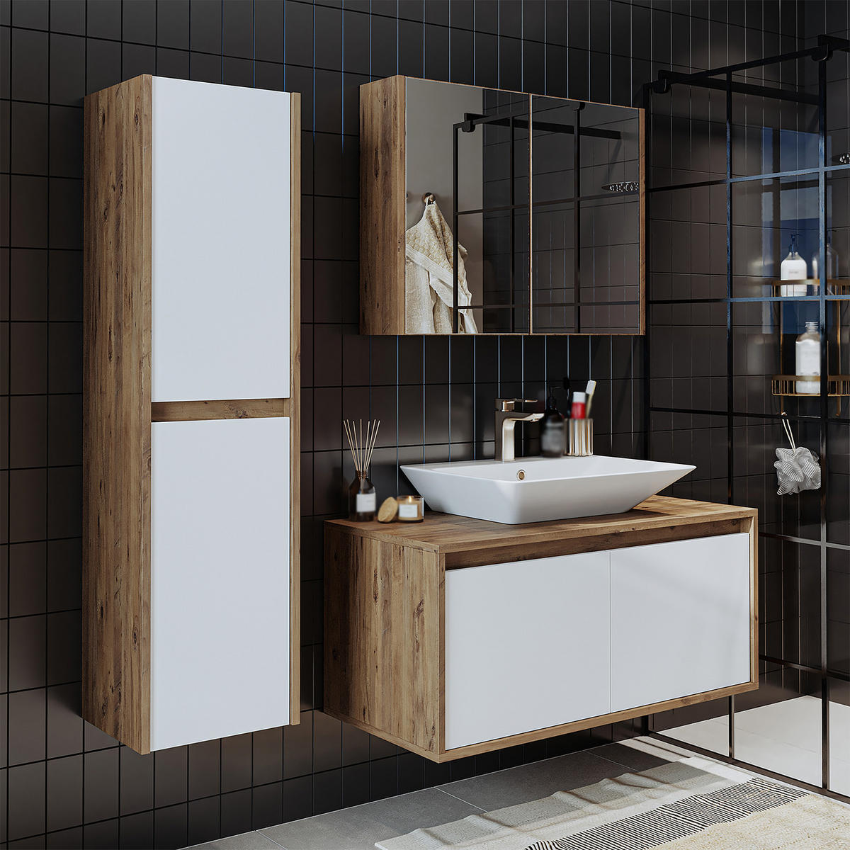 BADMÖBEL Set ATLANTIC-100 4-teilig - Eiche Bianco, Holzwerkstoff (100/150/45cm) - Roomart