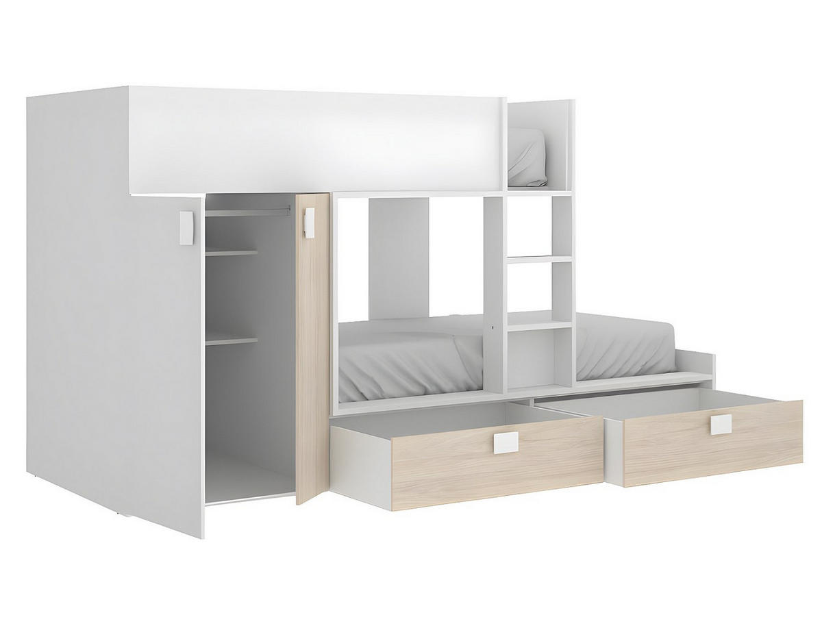 ETAGENBETT - 2 Personen - Holz, Platte - Naturfarben Hell, Weiß - - Naturfarben/Weiß, Holz (90/190cm) - Vente-Unique