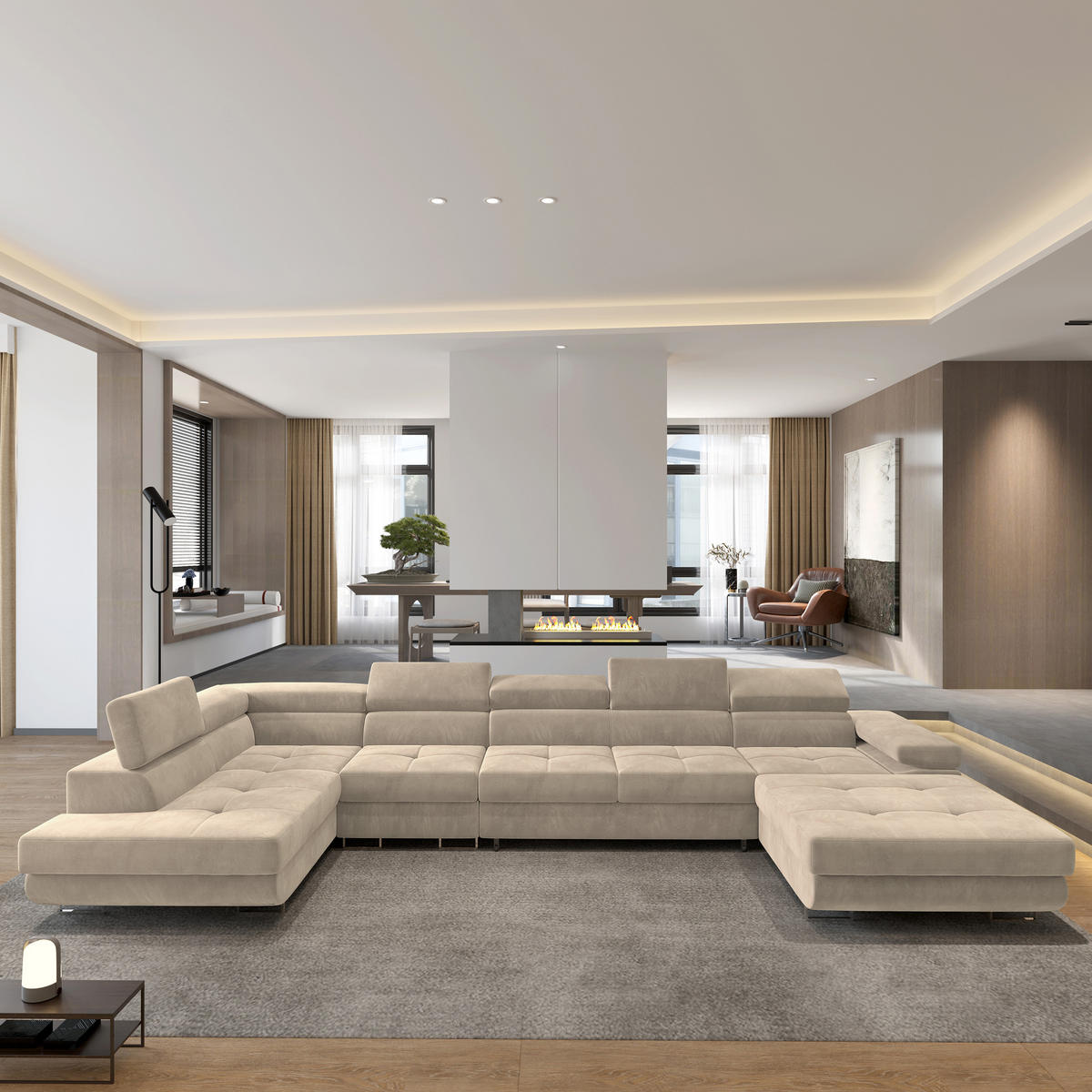 ROHOVÁ SEDAČKA VELORA krémová - stříbrná/krémová, kov/dřevo (419/90/202cm) - MASSENO