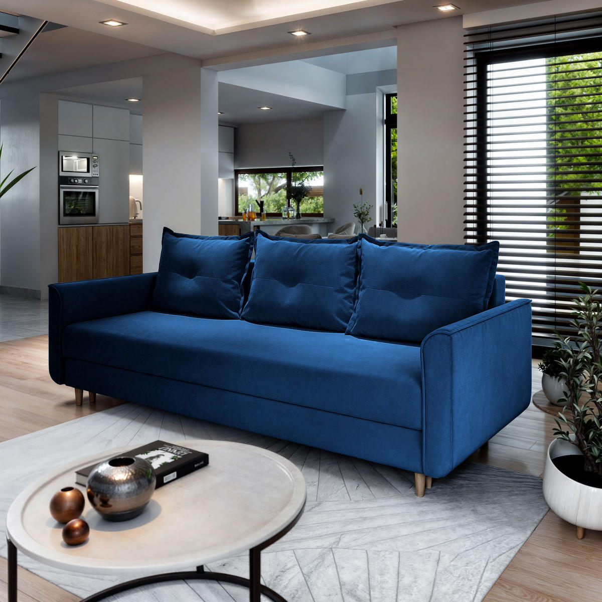 BETTSOFA NAPOL Blau Plüsch-Stoff mit Schlaffunktion - Blau, Textil (220/93/87cm) - MASSENO