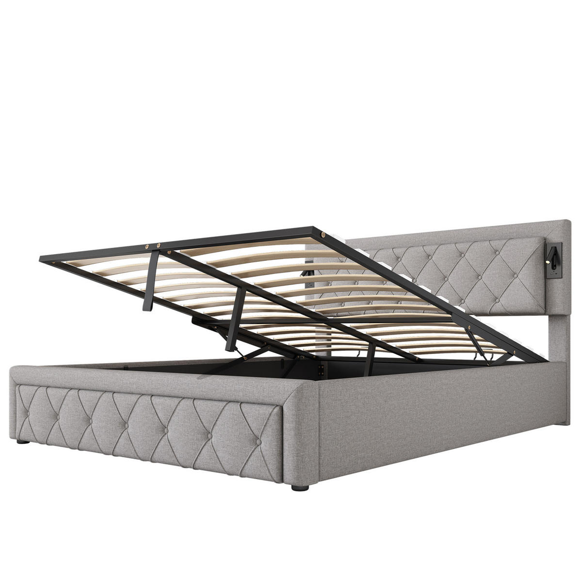 POLSTERBETT mit LED-Beleuchtung 160/200 cm mit Bettkasten und USB - Grau, Textil (160/200cm) - BEAOK