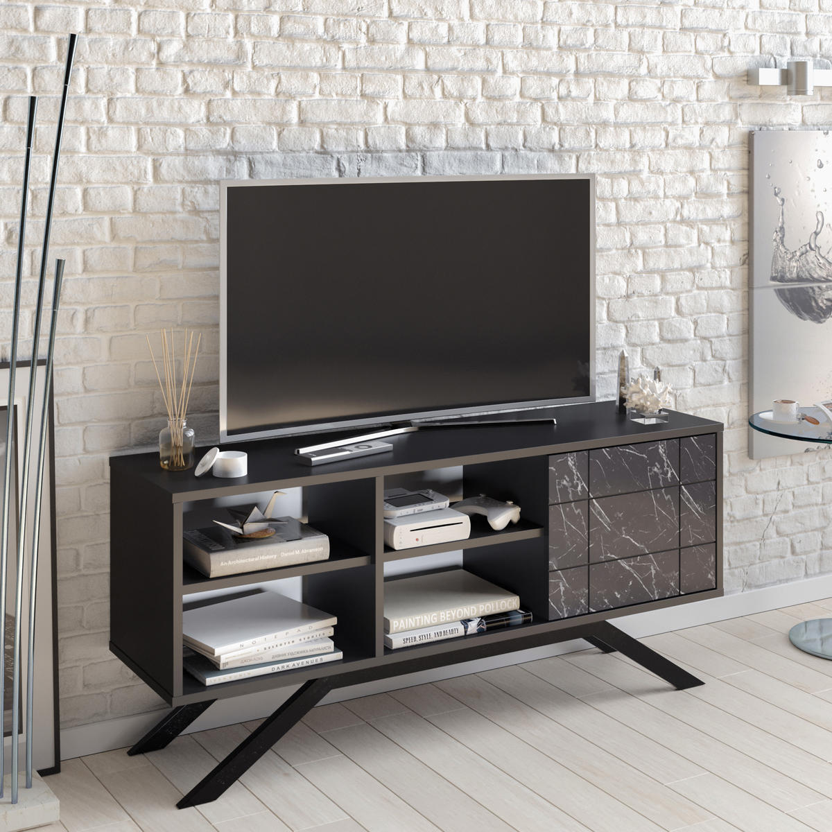 TV-ELEMENT North Schwarz Marmor Decor - Creme/Schwarz, Holzwerkstoff (130/58.6/38.6cm) - Decorotika