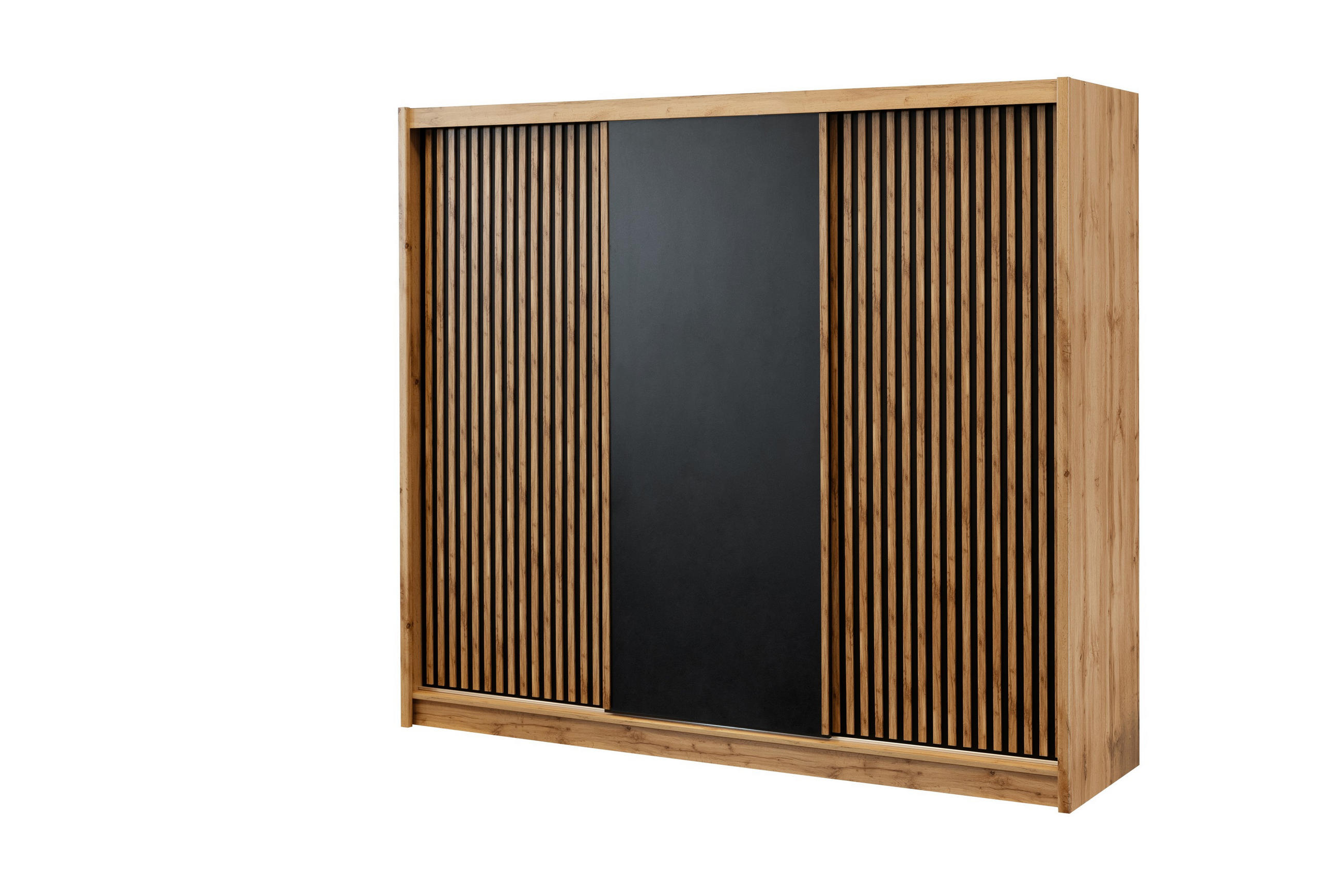 SCHWEBETÜRENSCHRANK DRAVEN 250/215/60,5 cm 3-türig Eiche Wotan - Eiche Wotan/Schwarz, Holzwerkstoff (250/215/60.5cm) - MASSENO