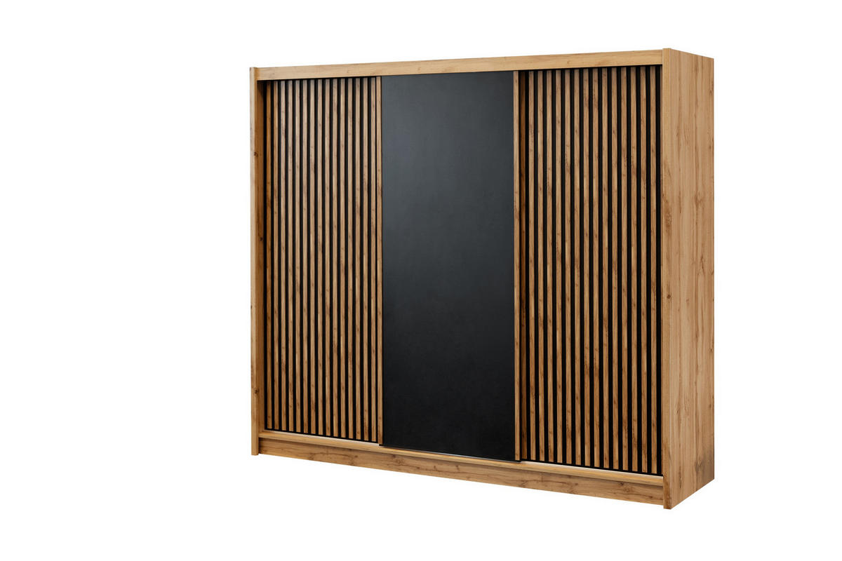SCHWEBETÜRENSCHRANK DRAVEN 250/215/60,5 cm 3-türig Eiche Wotan - Eiche Wotan/Schwarz, Holzwerkstoff (250/215/60.5cm) - MASSENO