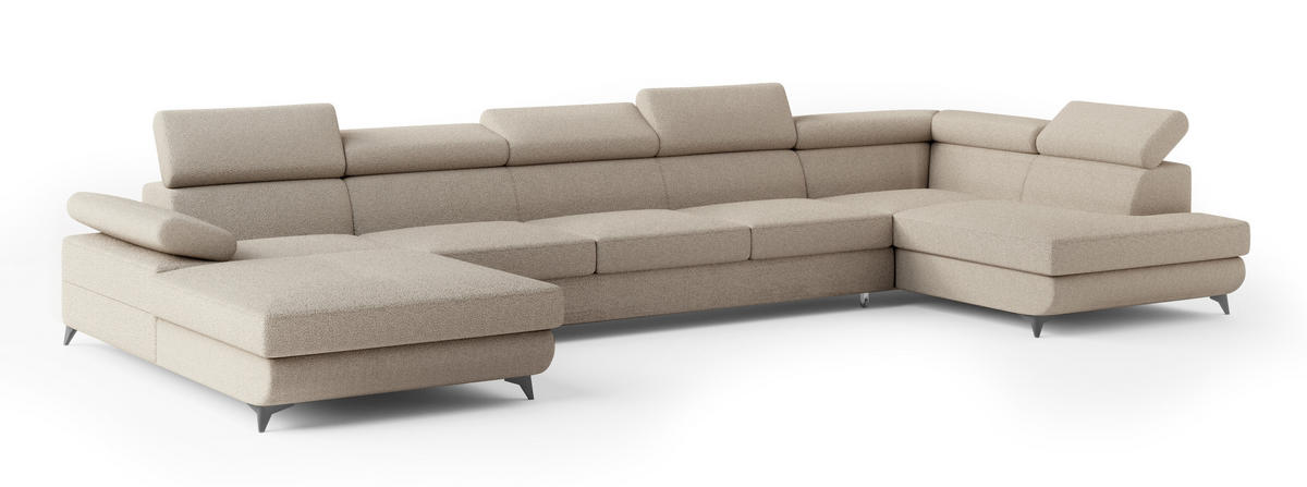 WOHNLANDSCHAFT MONTIVA Beige Boucle-Stoff mit Schlaffunktion - Beige, Holz (410/89/190cm) - MASSENO