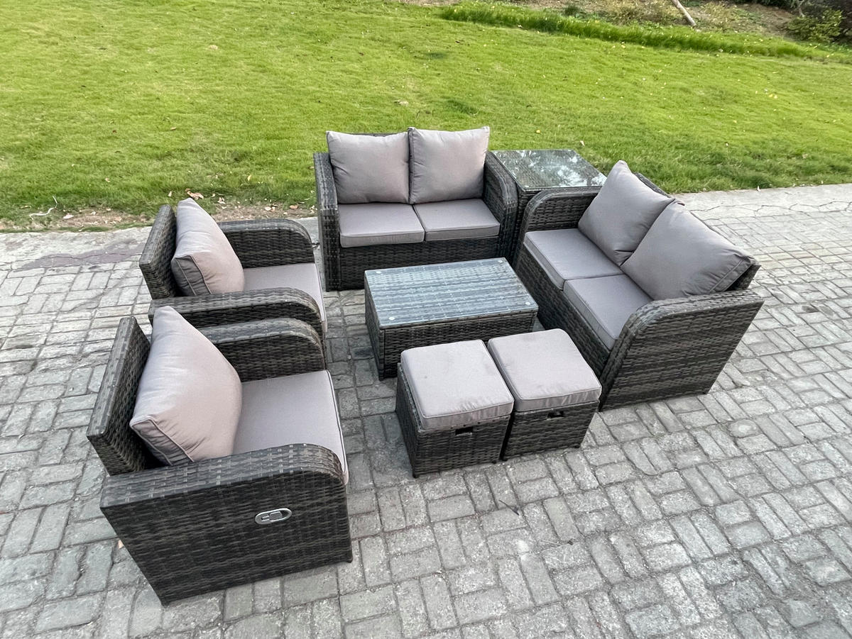 GARTENLOUNGE-SET Polyrattan Dunkelgrau 8-Sitzer - Dunkelgrau, Metall - Fimous