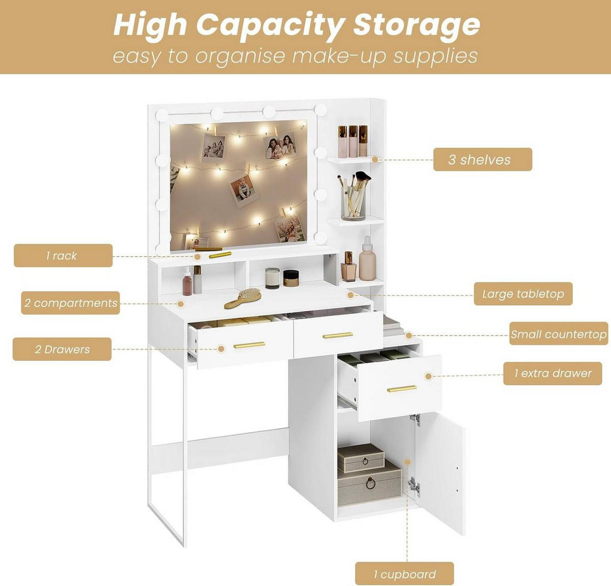 SCHMINKTISCH mit LED, Spiegel, 3 einstellbare Helligkeiten, Weiß - Goldfarben/Weiß, Holzwerkstoff (90/143/39.5cm) - Woltu