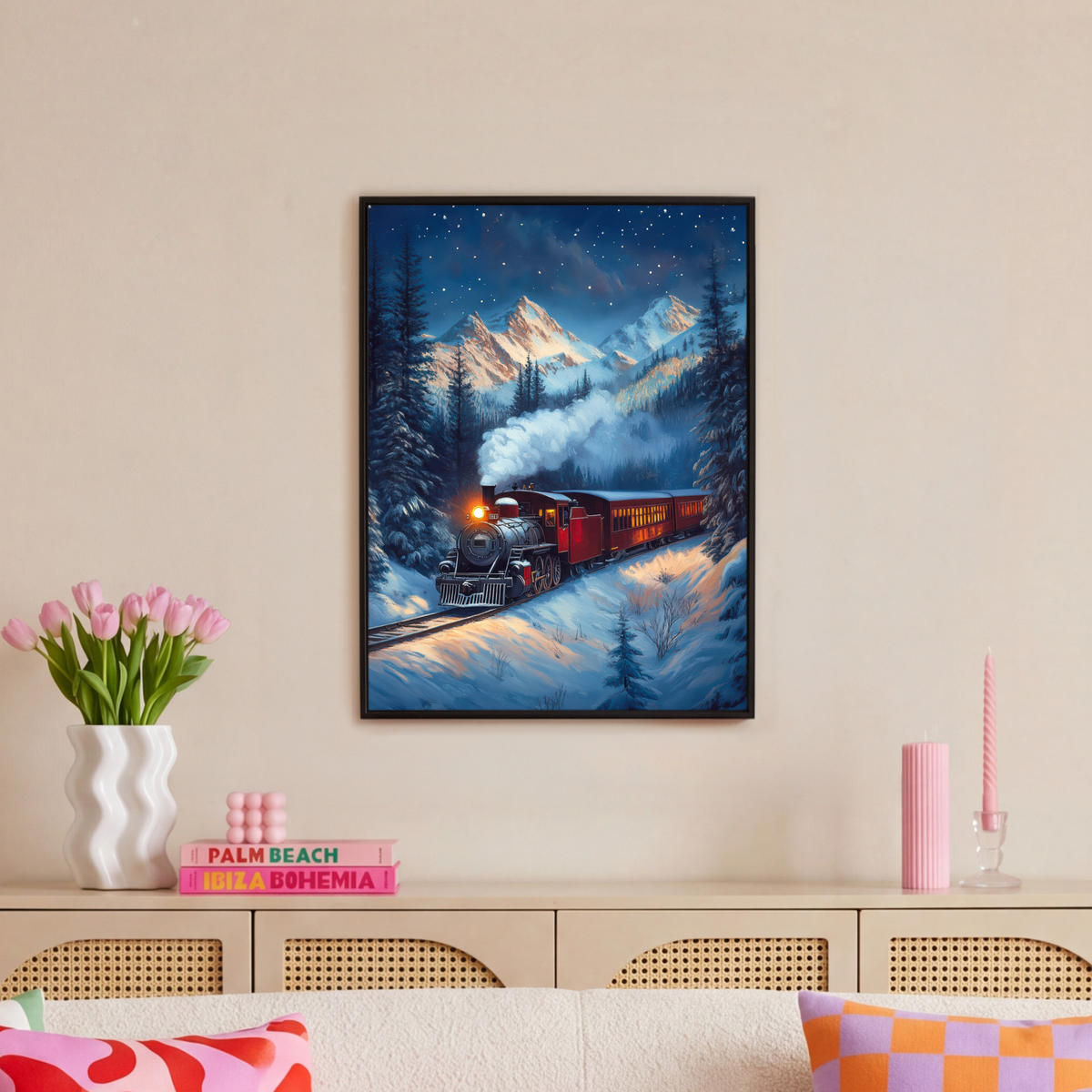LEINWAND Bilder mit Rahmen - Zug - Weihnachten - Schnee - Weihnachtszug - 50x70 - Anthrazit, Textil (50/70cm) - MuchoWow