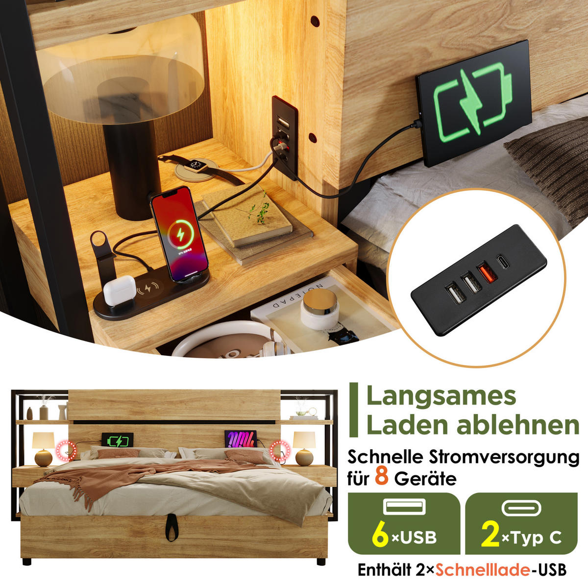 DVOJLŮŽKOVÁ postel z MDF a kovu 180x200 cm dubová s úložným čelem, USB a Type-C nabíjením - barva dubu, kompozitní dřevo (180/200cm) - Modfu
