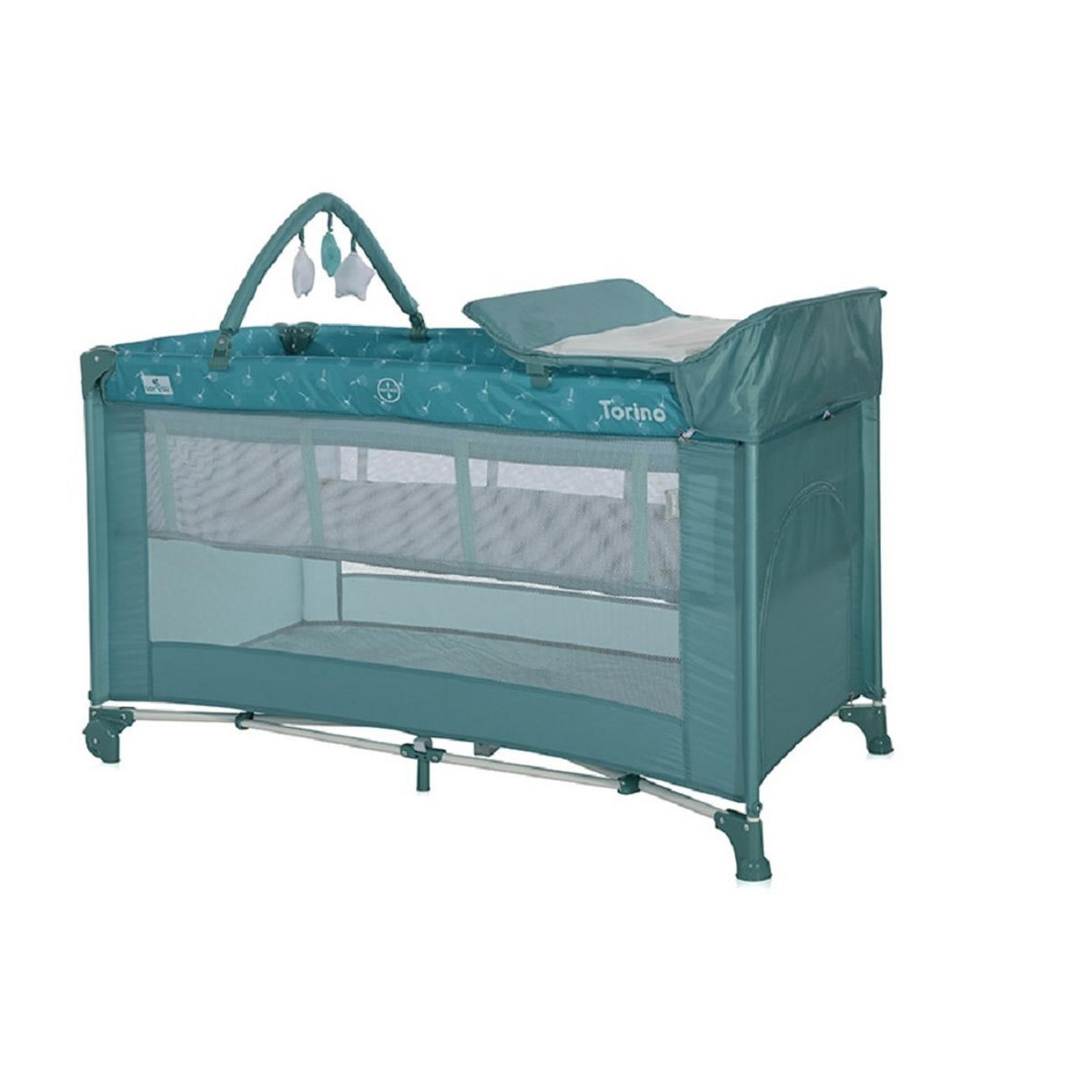 REISEBETT Torino plus 2 grün Wickelauflage Spielbogen Räder faltbar - Grün, Kunststoff (70/127cm) - Lorelli
