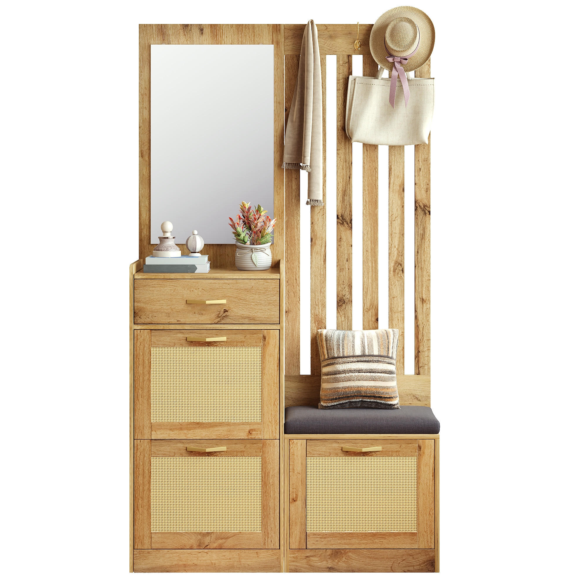 GARDEROBE Set mit Spiegel Sitzbank Schuhschrank Haken - Naturfarben, Holzwerkstoff (99.5/180/26cm) - FLIEKS
