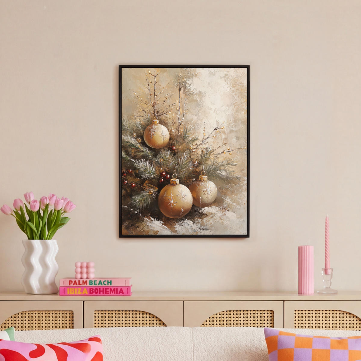 LEINWAND Bilder mit Rahmen - Weihnachten - Kugeln - Beige - Gold - 60x80 - Goldfarben, Textil (60/80cm) - MuchoWow