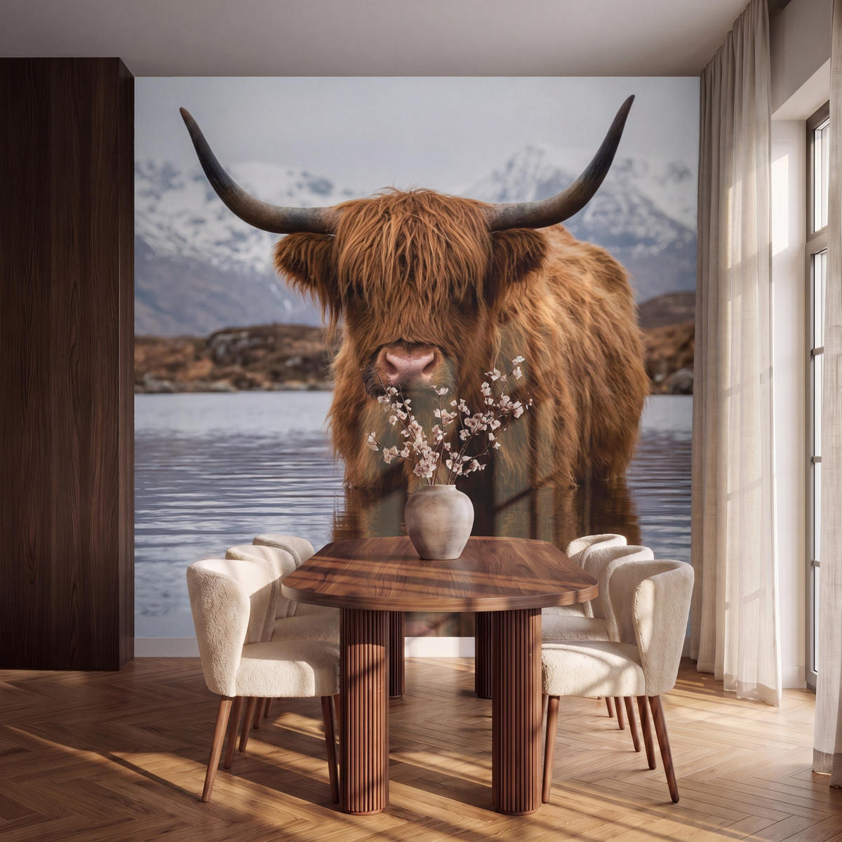 TAPETE - Schottischer Hochländer - Braun - Wasser - 280x280 cm - Braun, Papier (280/280cm) - OnlyWow