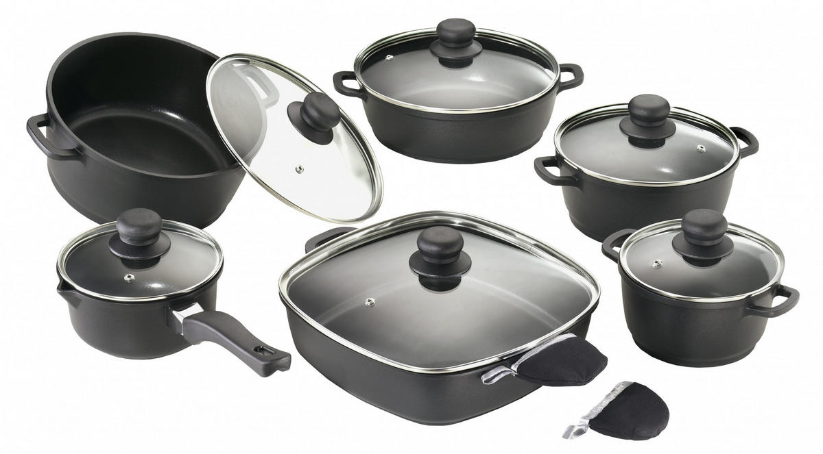 TOPFSET, Aluguss, Antihaftbeschichtung, inkl. 2 Thermogrips, 12-teilig - Schwarz, Metall - Karcher