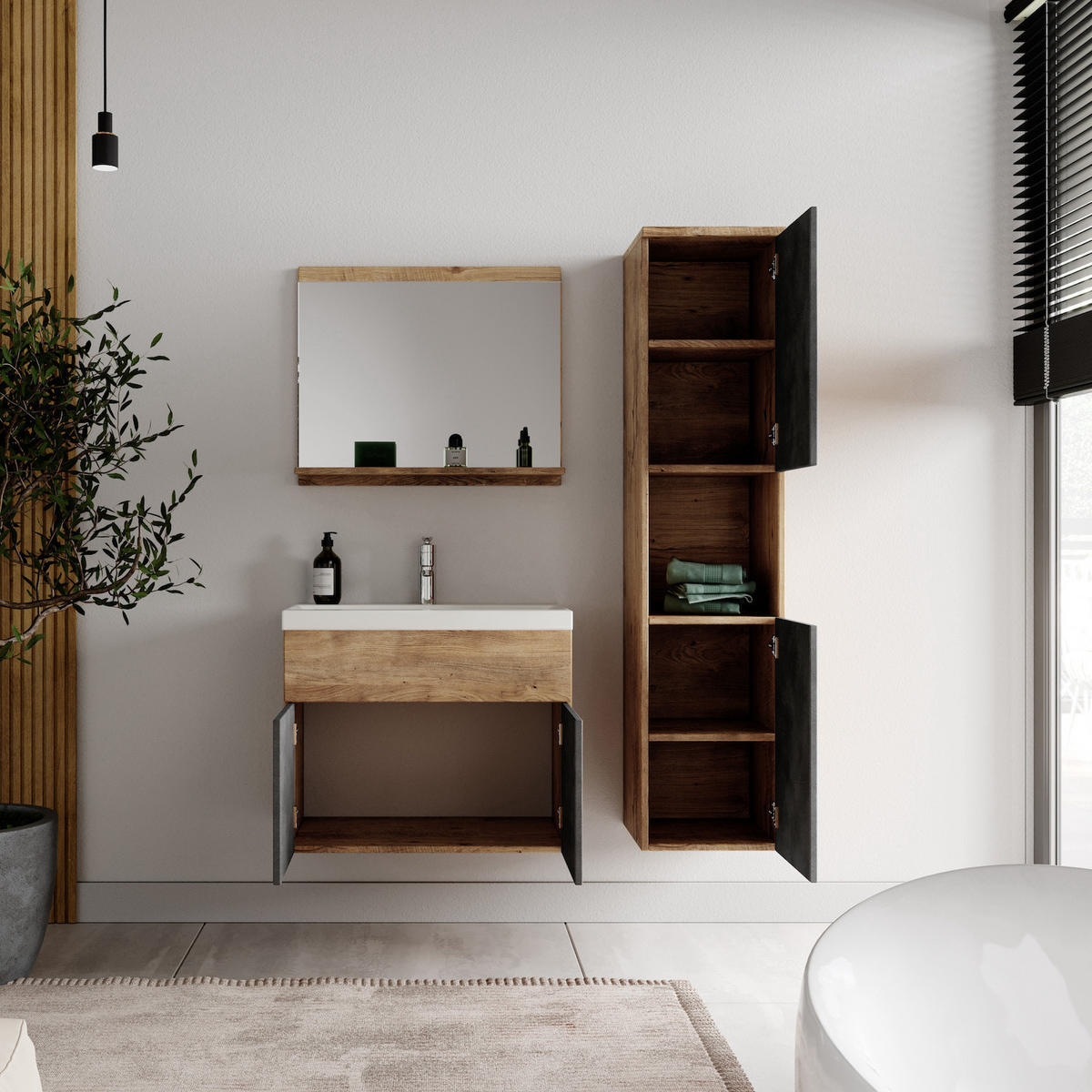 BADMÖBEL-SET Montreal 4 Teile Kastanien Eiche / Grau - 60 x 35 x 51 cm - Eichefarben/Grau, Holz (60/51/35cm) - Badplaats