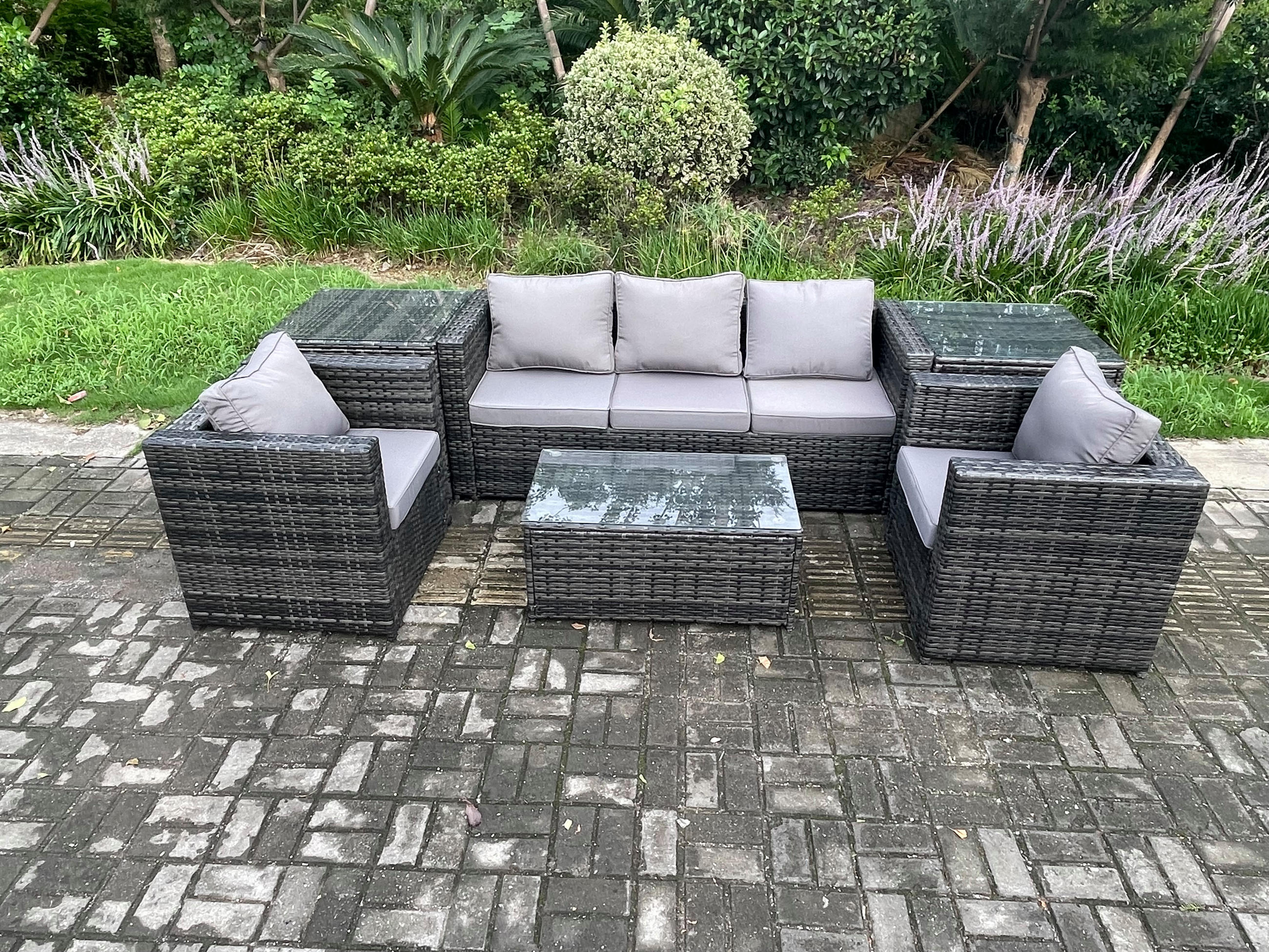 GARTENSOFA SET Polyrattan Dunkelgrau 5-Sitzer - Dunkelgrau, Metall - Fimous