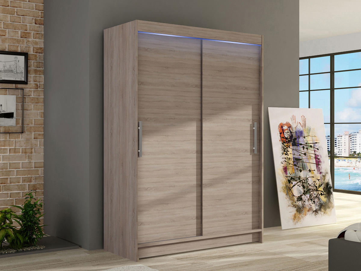 KLEIDERSCHRANK Miami I, mit RGB LED Beleuchtung - Silberfarben/Trüffeleichefarben, Holzwerkstoff/Kunststoff (120/200/58cm) - MIRJAN24
