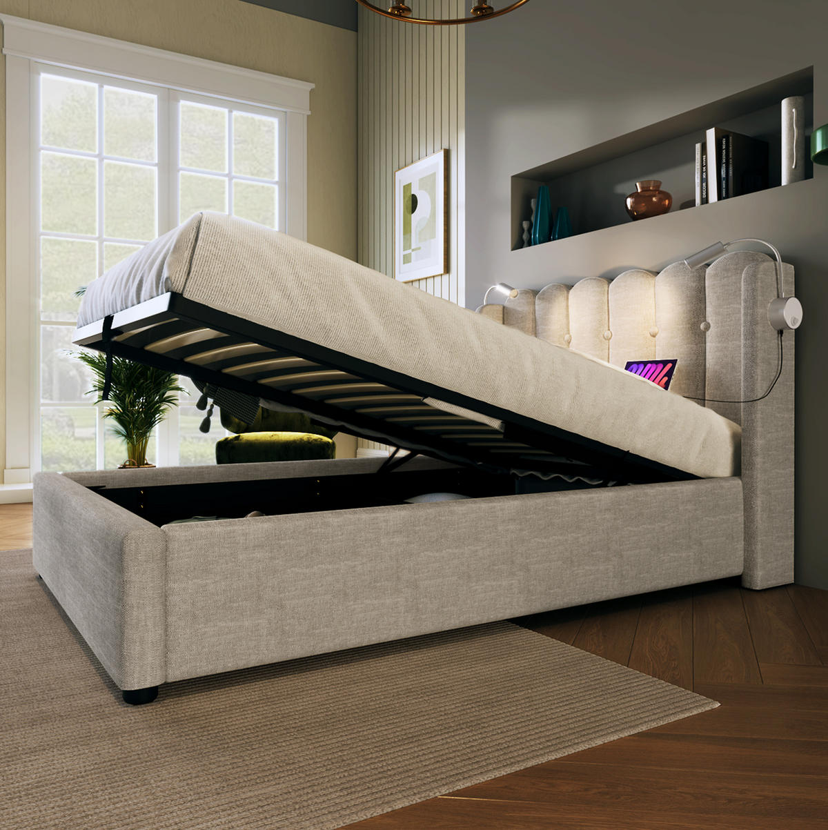 POLSTERBETT 90/200 cm Beige mit Leselicht und Ladefunktion Mit Matratze - Beige, Textil (90/200cm) - OKWISH