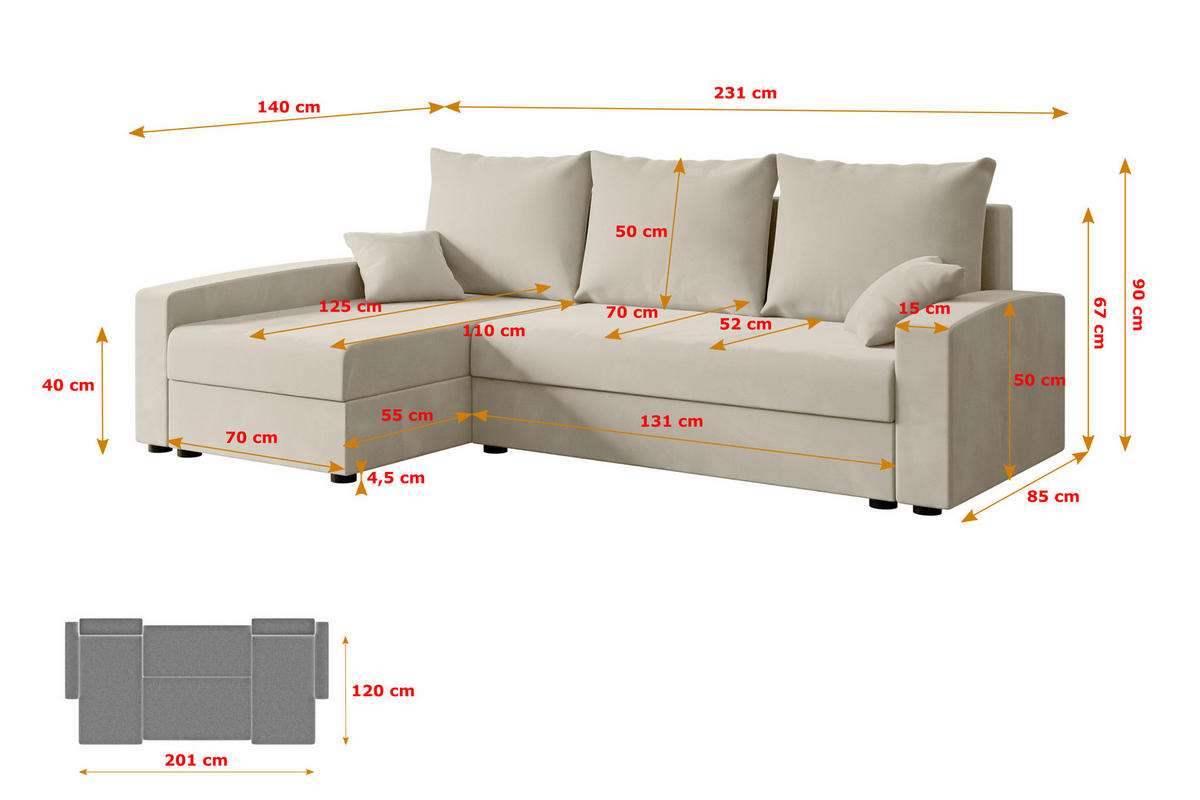 ECKSOFA mit Schlaffunktion und Bettkasten ALESIA-L 231x140x90 cm Beige Velours - Beige/Silberfarben, Holzwerkstoff/Kunststoff (231/140cm) - ALTDECOR