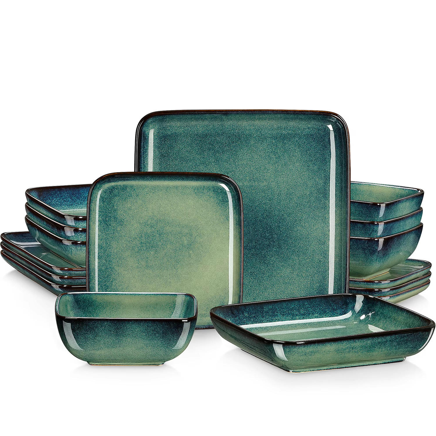 KOMBISERVICE 16-teilig aus Steinzeug, Grün mit Ofenglasur, für 4 Personen - Grün, Keramik (25.5/2.5/25.5cm) - Kaket