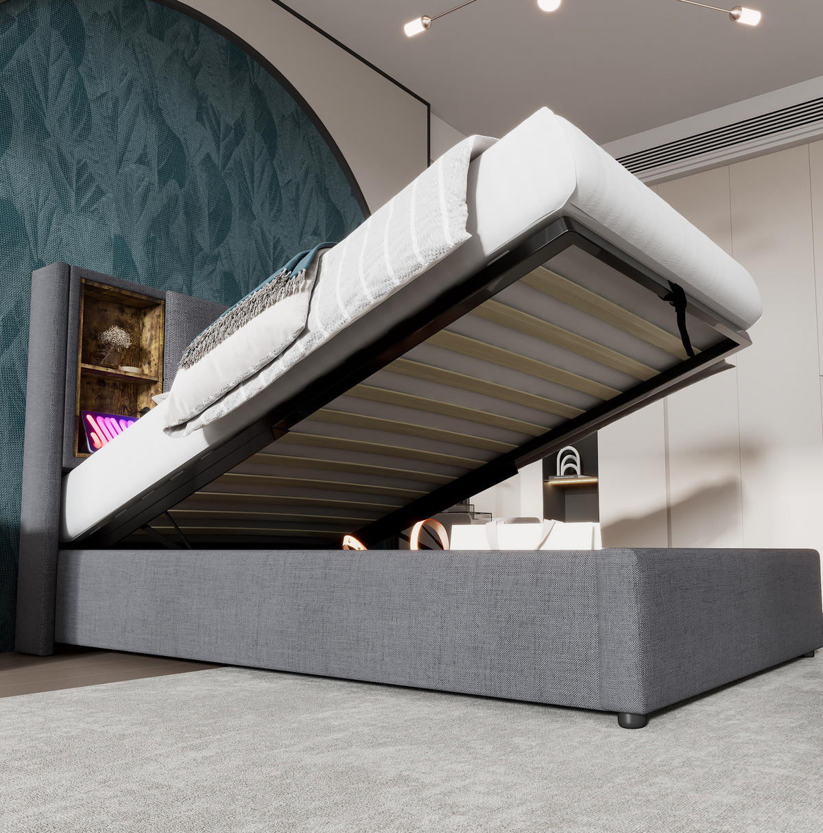 POLSTERBETT 90/200 cm mit Bettkasten (Gasdruckfeder) & Kopfteil mit Wireless Charging/USB/Typ C,Grau - Grau, Textil (90/200cm) - Redom
