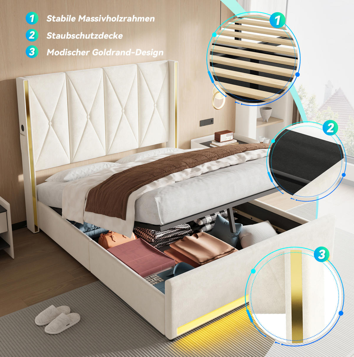 POLSTERBETT 160/200 cm mit USB, Type-C, LED und Bettkasten, Beige - Beige, Textil (160/200cm) - Redom