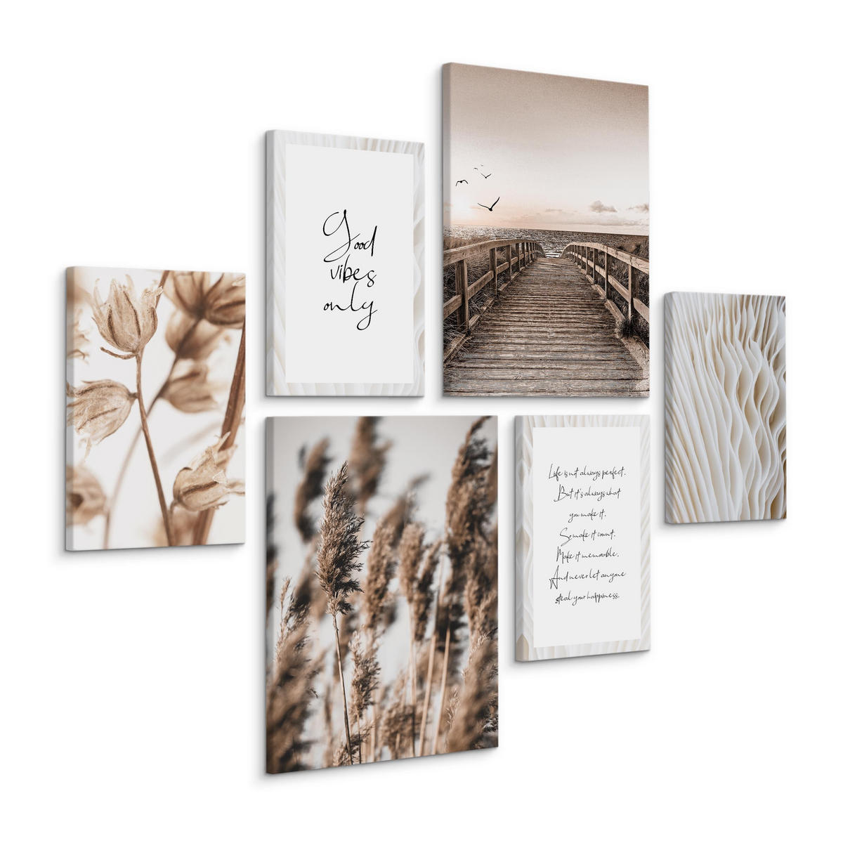 LEINWANDBILDER 6-er Set Zitate Natur 3D - Beige/Schwarz, Textil (90/80cm) - Muralo