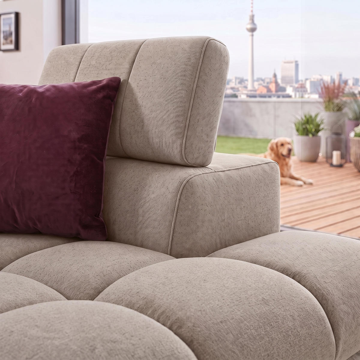 ECKSOFA PUDDING MAXI L Rechts mit Schlaffunktion 125x195 Velours Creme - Creme/Schwarz, Holz/Textil (350/203cm) - Muffo