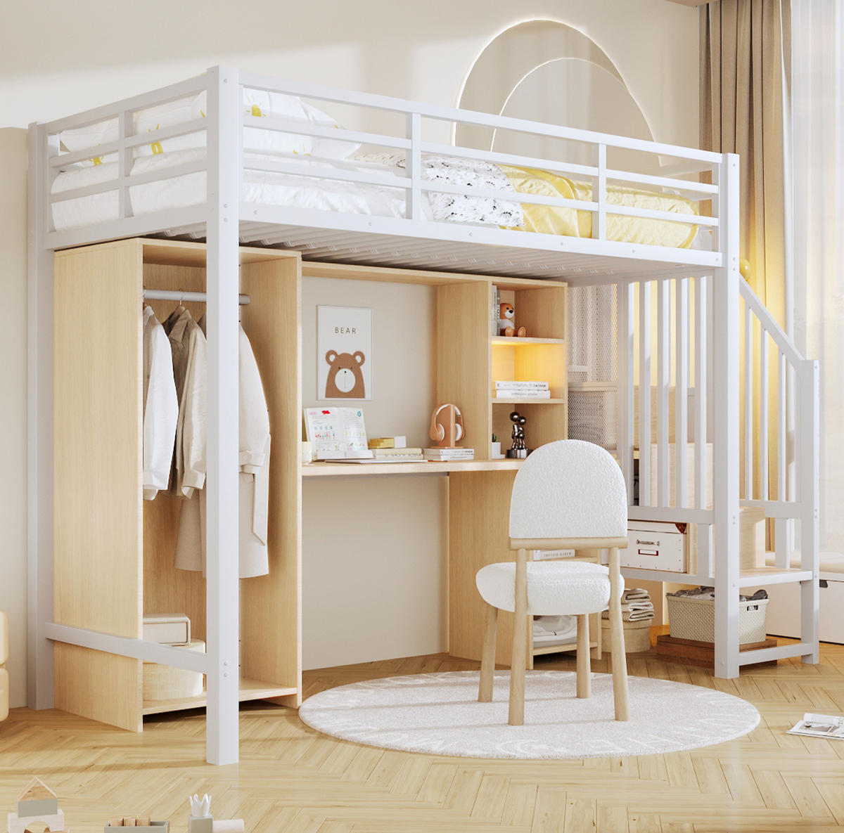 HOCHBETT 90/200 cm weiß aus Metall/MDF mit Schreibtisch und Stauraum - Weiß, Metall (90/200cm) - OKWISH