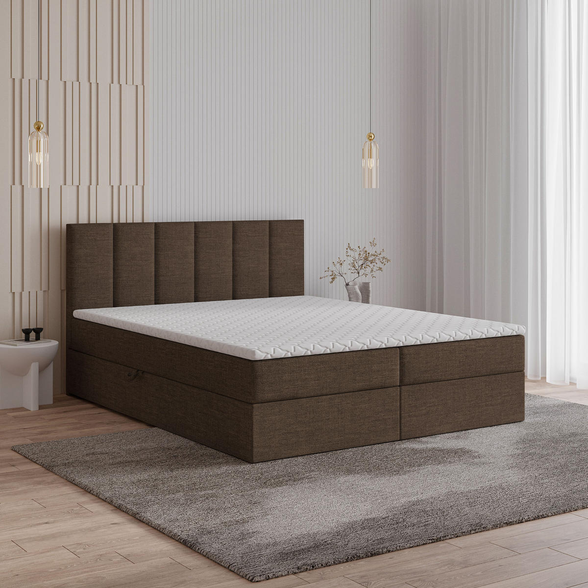 POSTEL BOXSPRING MERIL 180x200 cm, s matrací a úložným prostorem, tmavě hnědá - tmavě hnědá, kompozitní dřevo/textil (180/200cm) - MASSENO