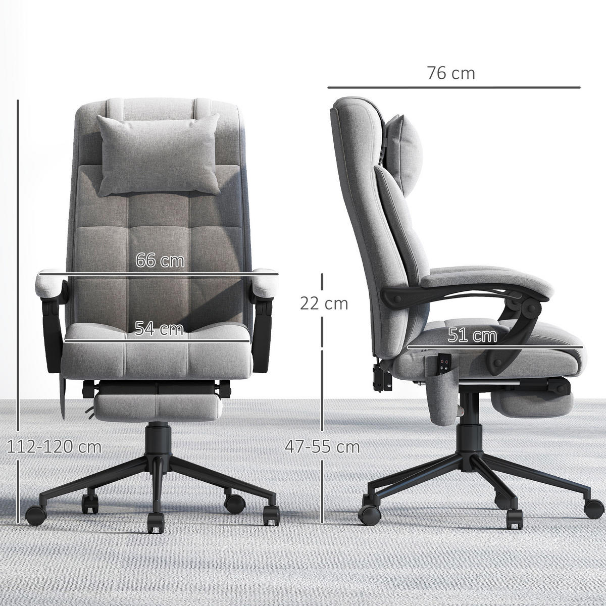 BÜROSTUHL mit Massagefunktion, Ergonomisch Schreibtischstuhl mit Lendenheizung - Grau, Kunststoff (76/124/66cm) - Vinsetto