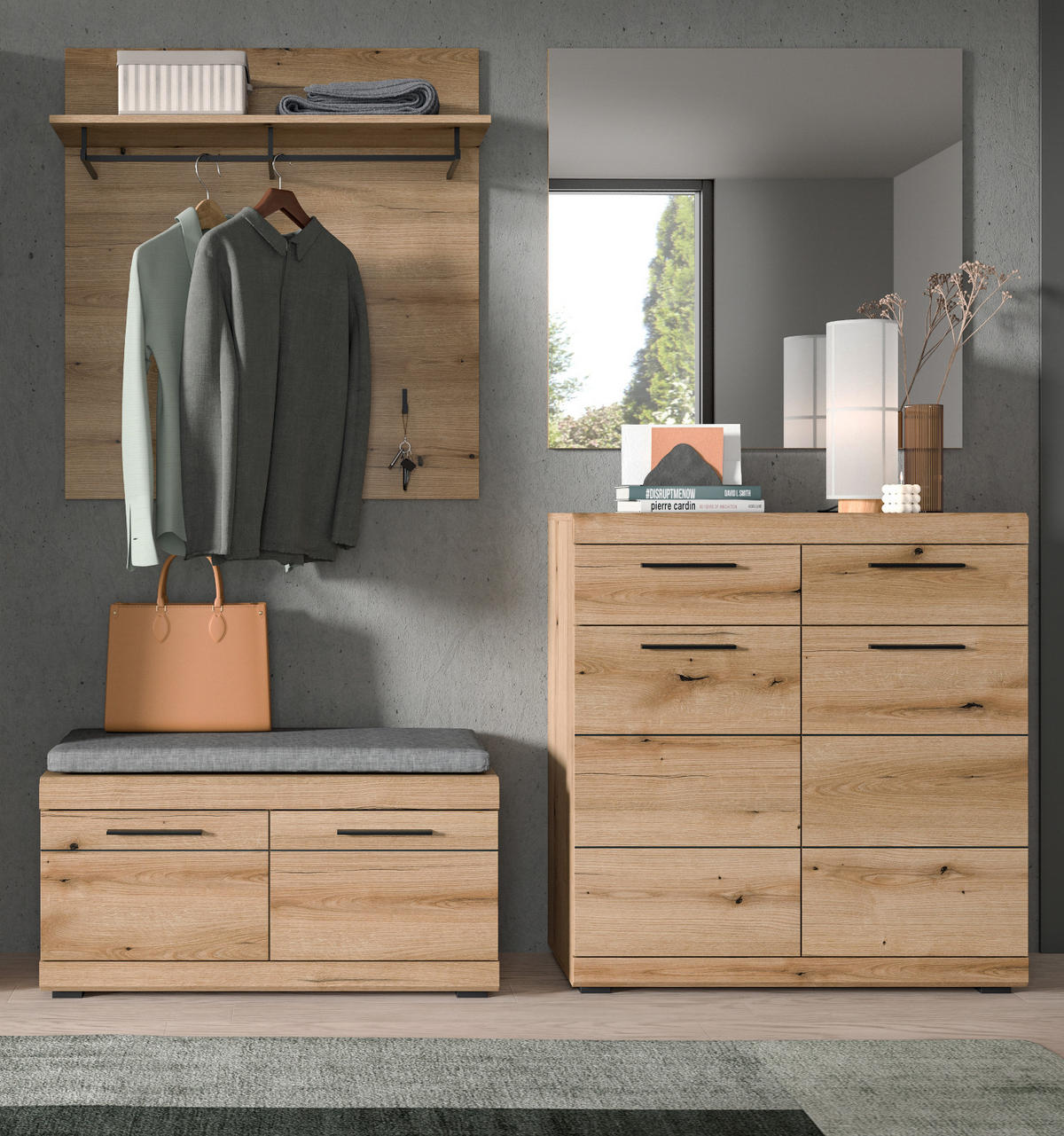 GARDEROBE Set 4-teilig Evoke Eiche 195 cm, Flurmöbel mit viel Stauraum - Eichefarben/Schwarz, Glas/Holzwerkstoff (195/197/40cm) - Inn.Furn