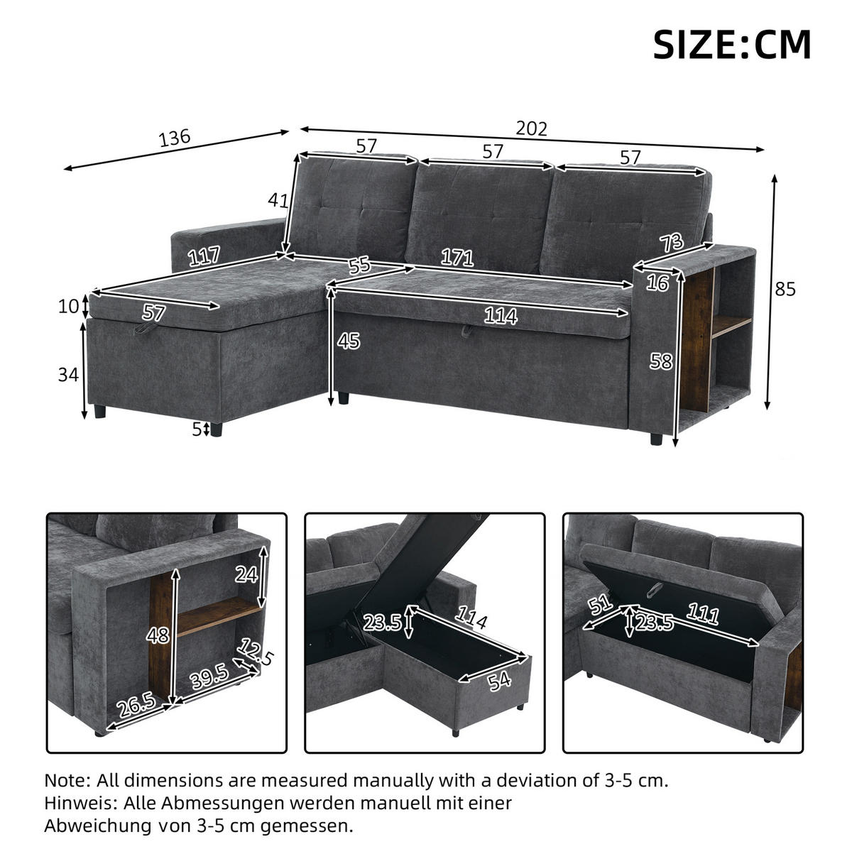 ECKSOFA 202/136/85 cm grau aus Chenille mit Stauraum - Grau, Textil (136/202cm) - OKWISH