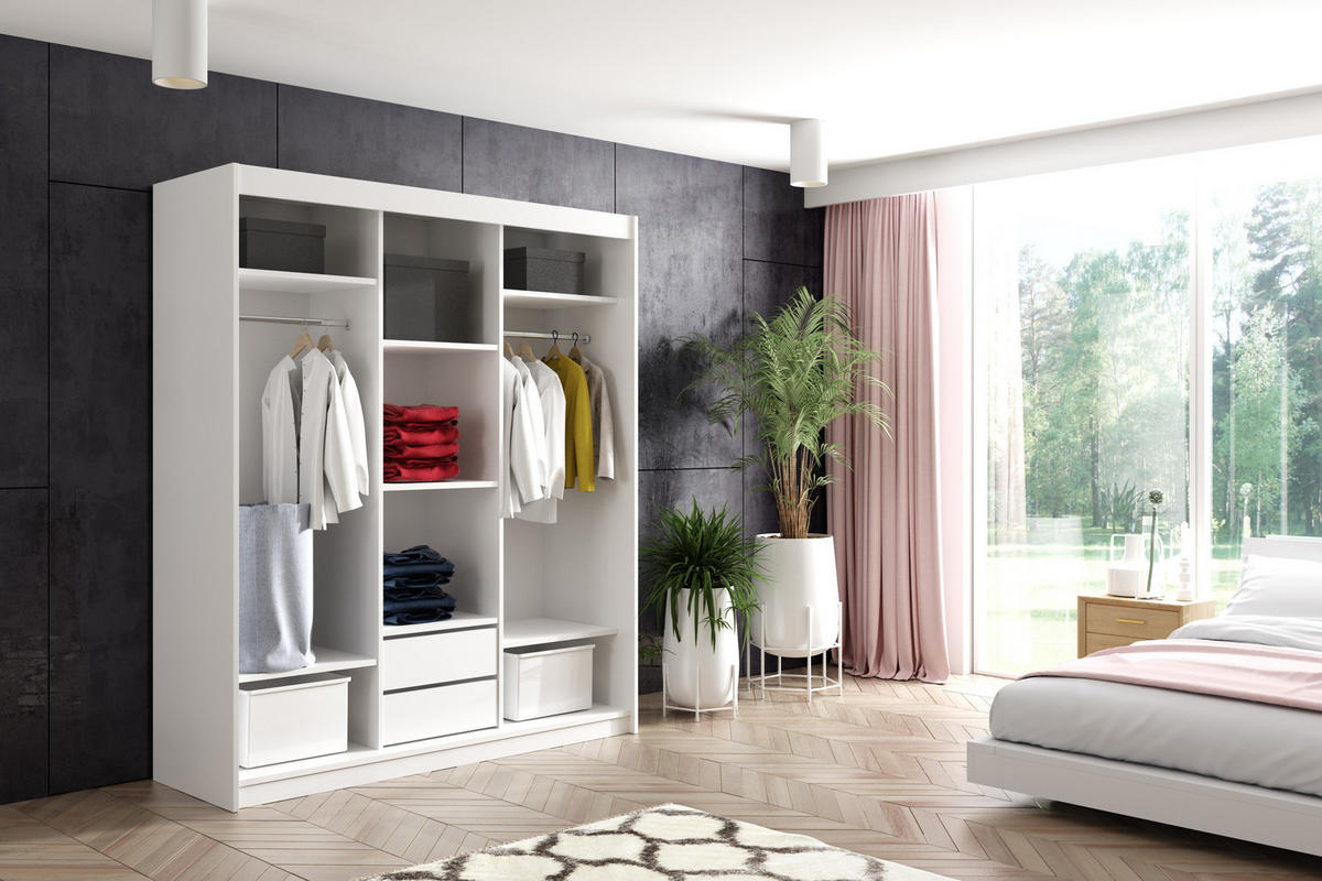 KLEIDERSCHRANK mit Spiegel-Schiebetüren und Aluminium-Leisten, LED-Beleuchtung - NALLA - 180 cm Grau+Grau+Weiß - Weiß/Grau, Holzwerkstoff (180/216/61cm) - ALTDECOR