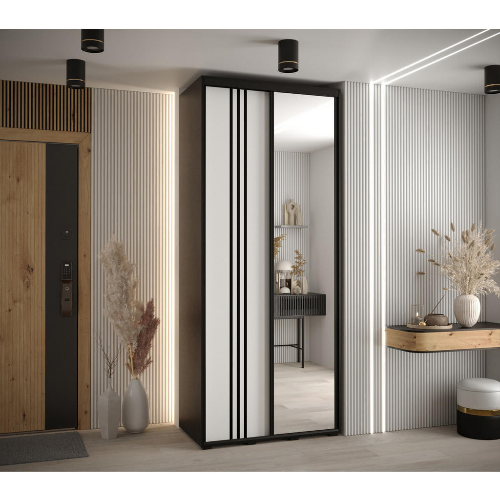 Thumbnail - Abiks Möbel Schwebetürenschrank, Schwarz, Weiß, Schwarz, Metall, Nachbildung, 6 Fächer, 100x235x45 cm, Schlafzimmer, Kle...