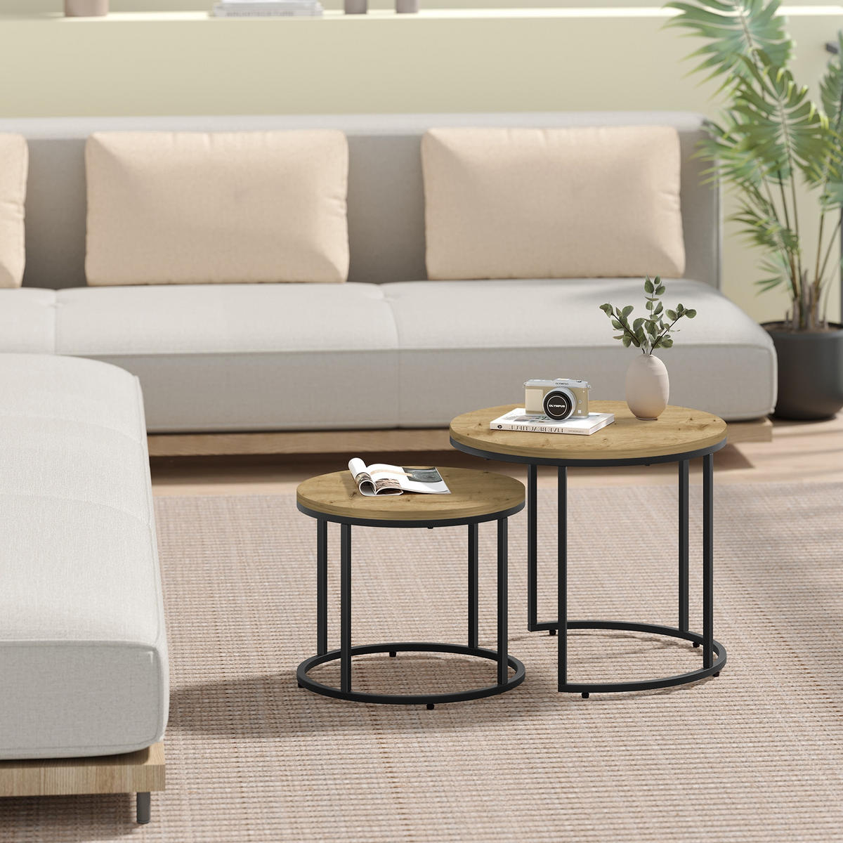 COUCHTISCH 2er Set rund - Eiche Artisan, Holzwerkstoff/Metall (53/53/45cm) - Mat-Haus