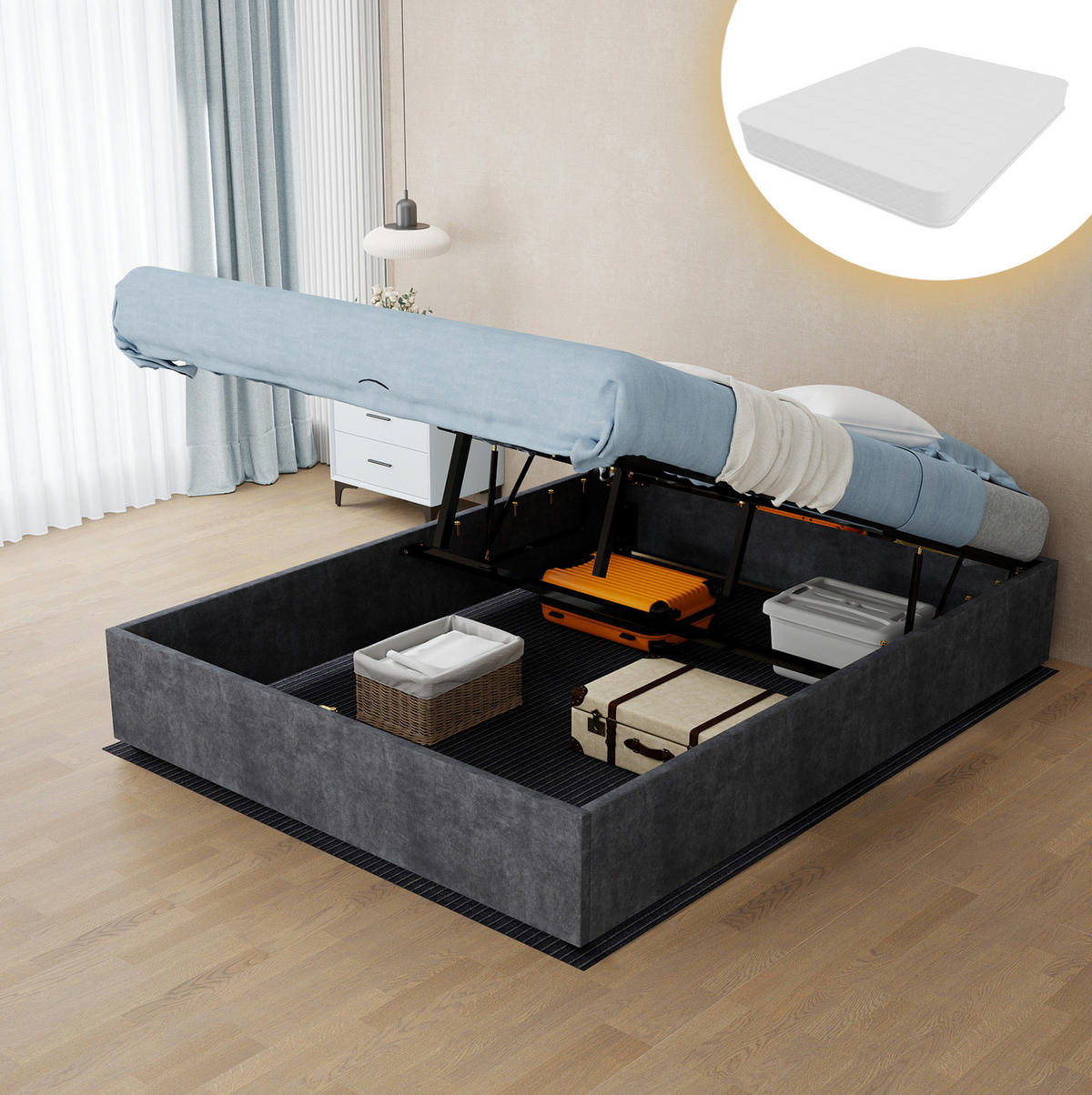 POLSTERBETT 140/200 cm mit Gaslift, modernem Design und stabilem Bettrahmen, Grau - Grau, Textil (140/200cm) - Redom